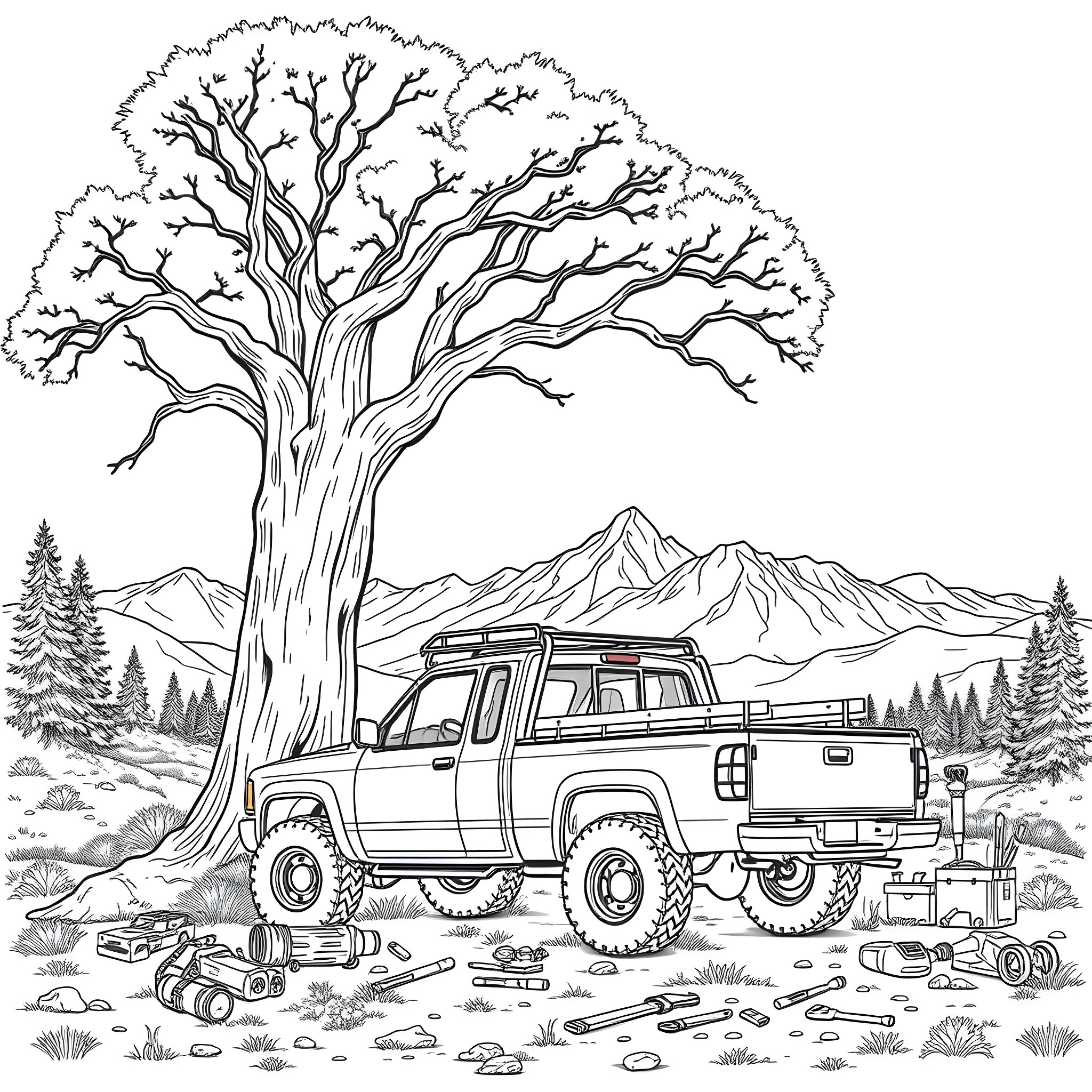 Pickup Truck Camping in the Wilderness Coloring Page (free black-and-white line drawing printable PDF for all, from beginners to advanced learners, including children, teens, adults, and seniors)