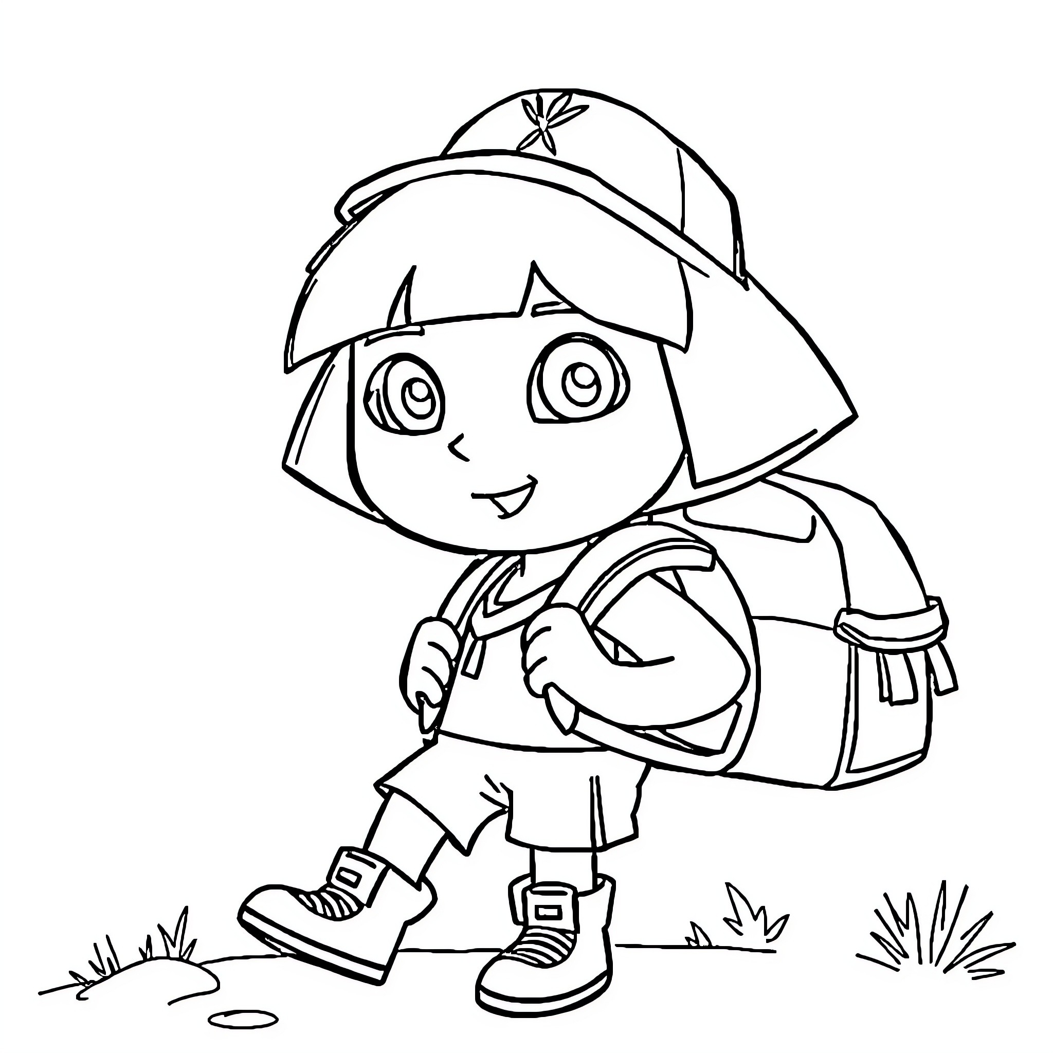 Dora the Explorer on an adventure Coloring Page (free black-and-white line drawing printable PDF for all, from beginners to advanced learners, including children, teens, adults, and seniors)