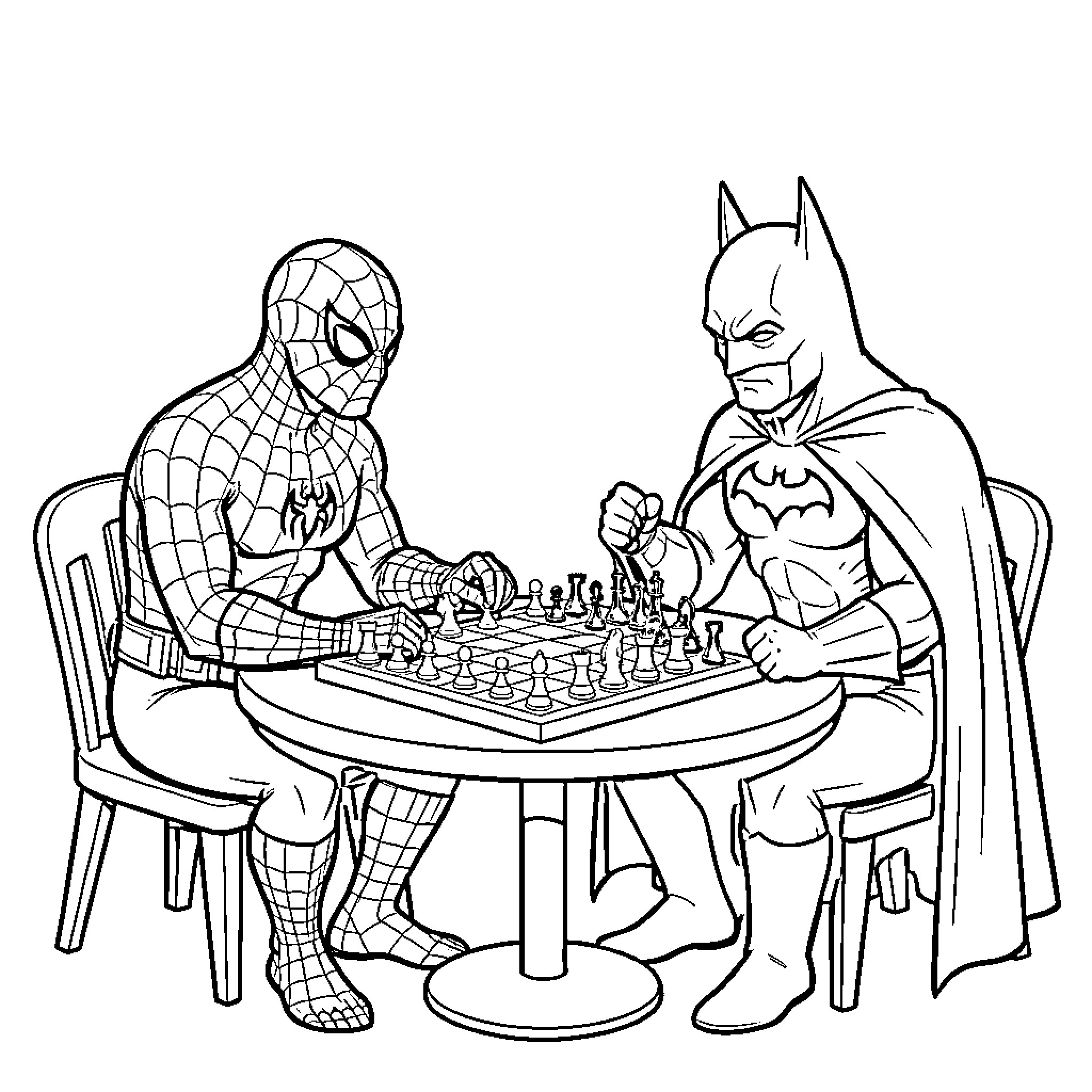 Spiderman playing a strategic game of chess with Batman Coloring Page (free black-and-white line drawing printable PDF for all, from beginners to advanced learners, including children, teens, adults, and seniors)