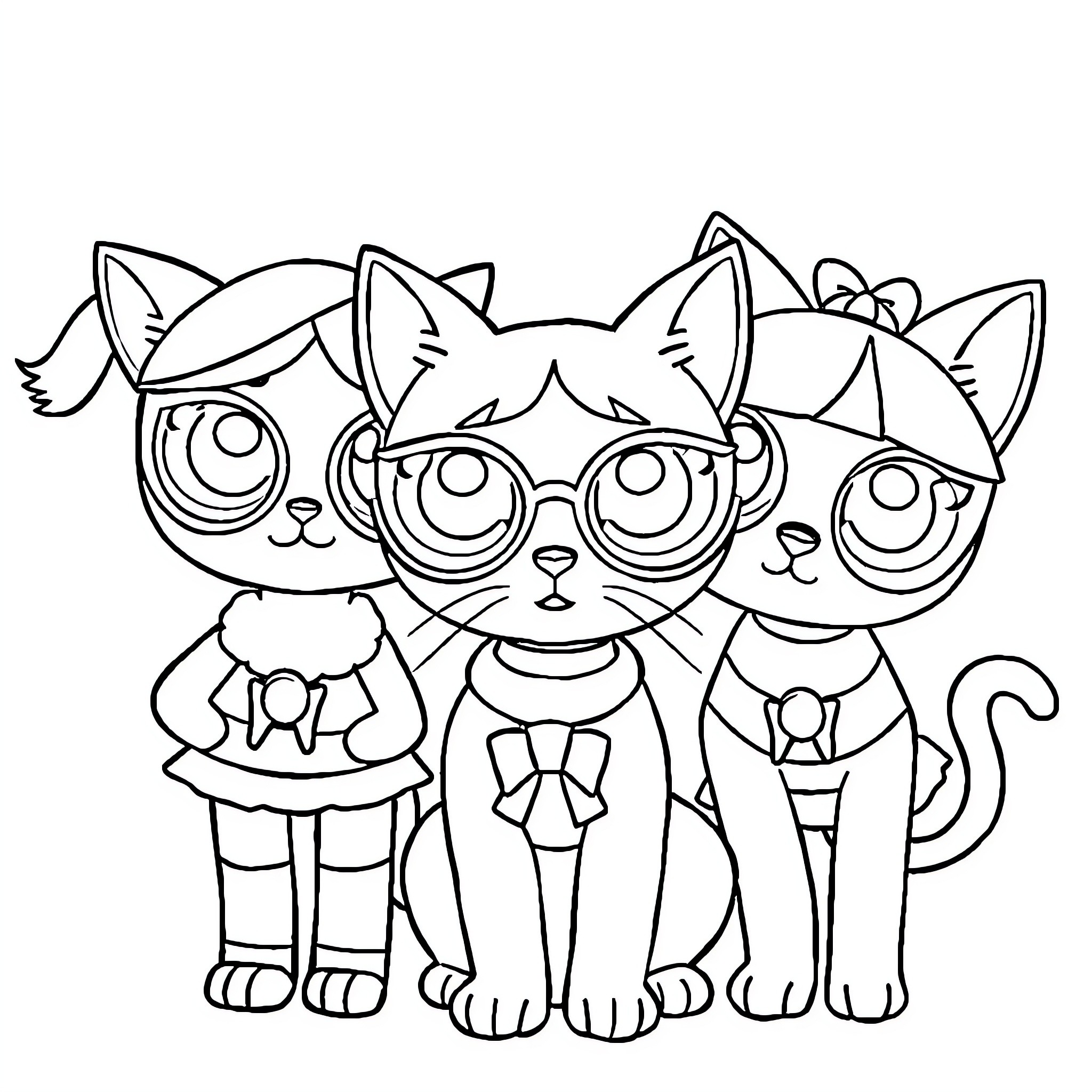 Cute Cats in Cartoon Outfits Coloring Page (free black-and-white line drawing printable PDF for all, from beginners to advanced learners, including children, teens, adults, and seniors)