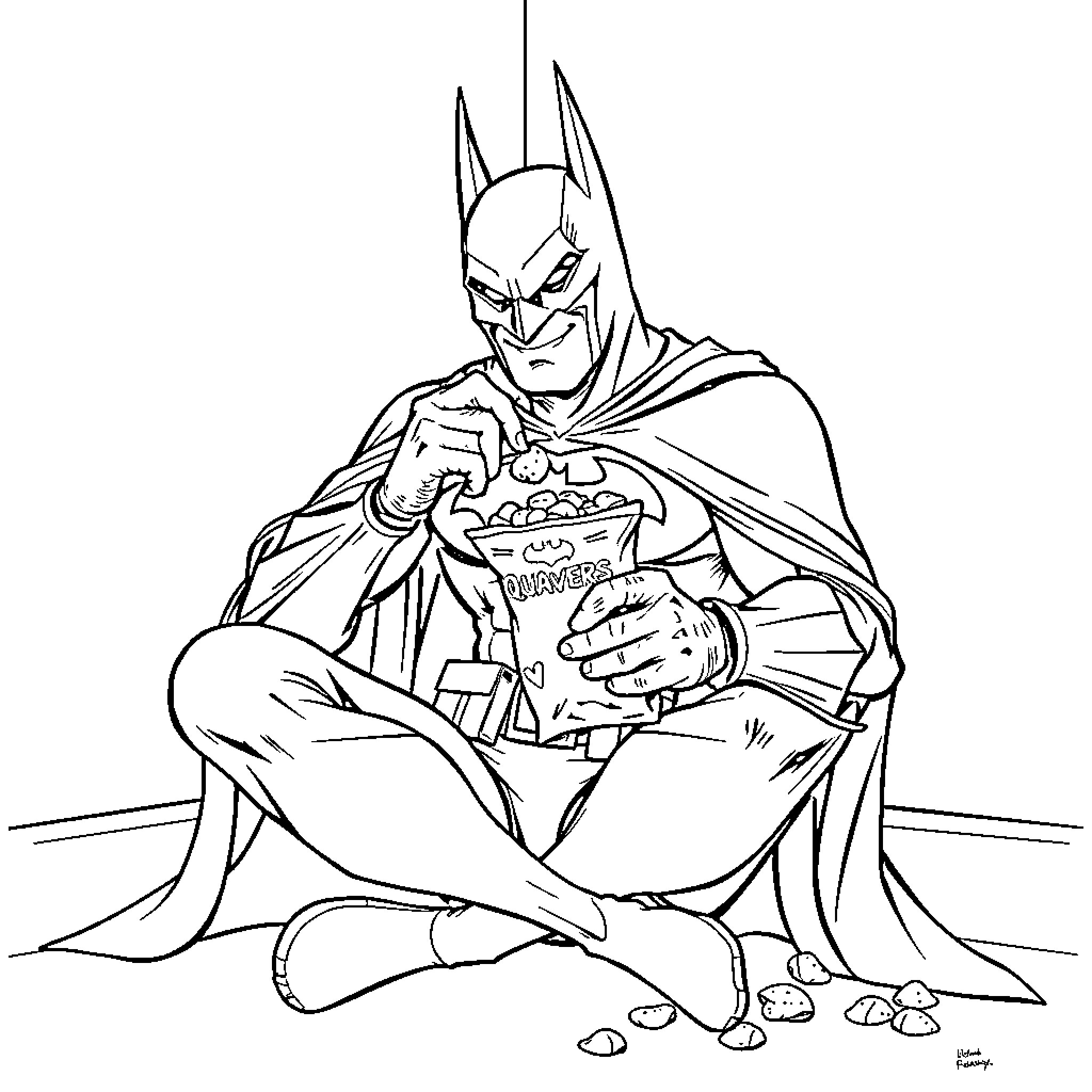 Batman Relaxing with Popcorn Coloring Page (free black-and-white line drawing printable PDF for all, from beginners to advanced learners, including children, teens, adults, and seniors)