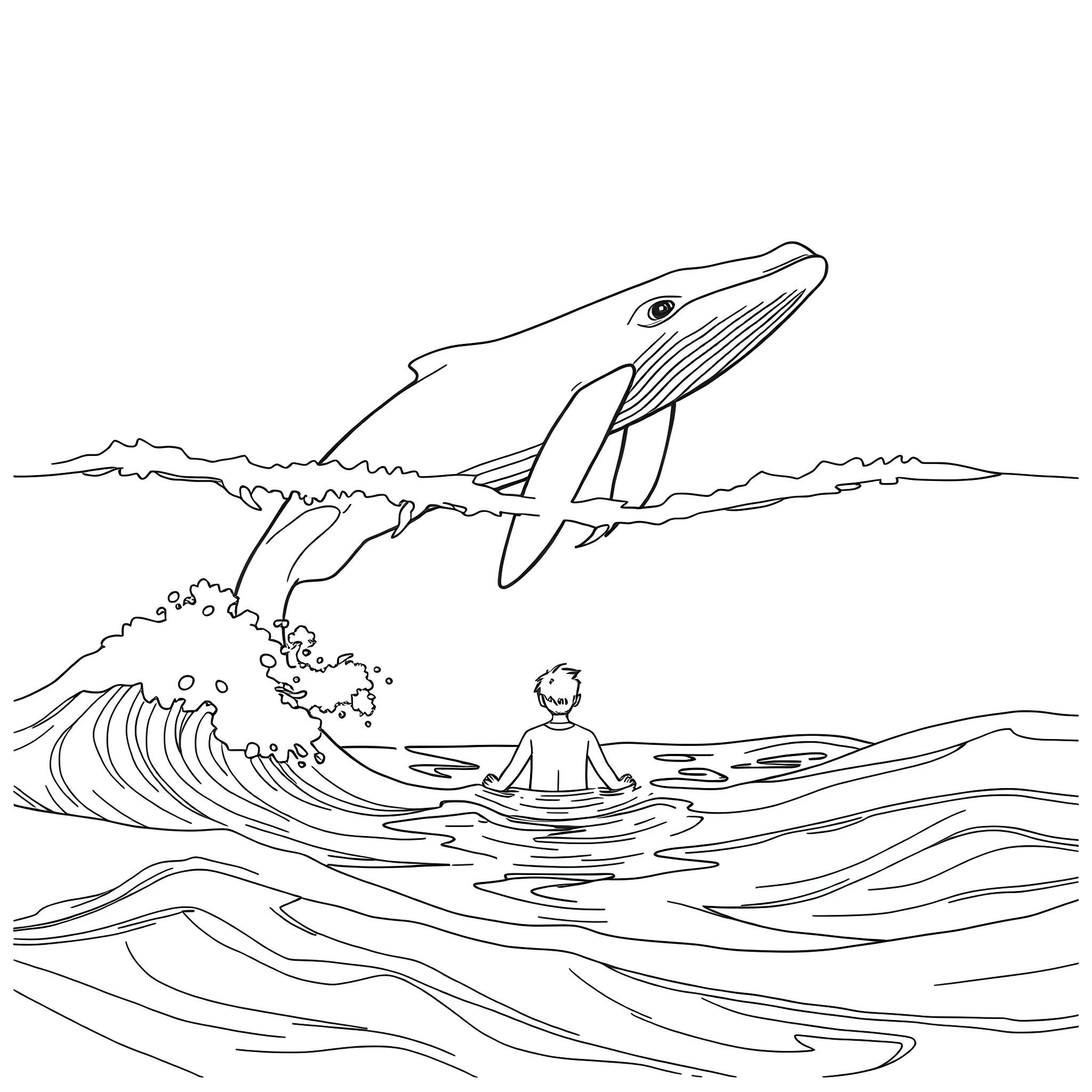 Whale breaching near a person in the ocean Coloring Page (free black-and-white line drawing printable PDF for all, from beginners to advanced learners, including children, teens, adults, and seniors)