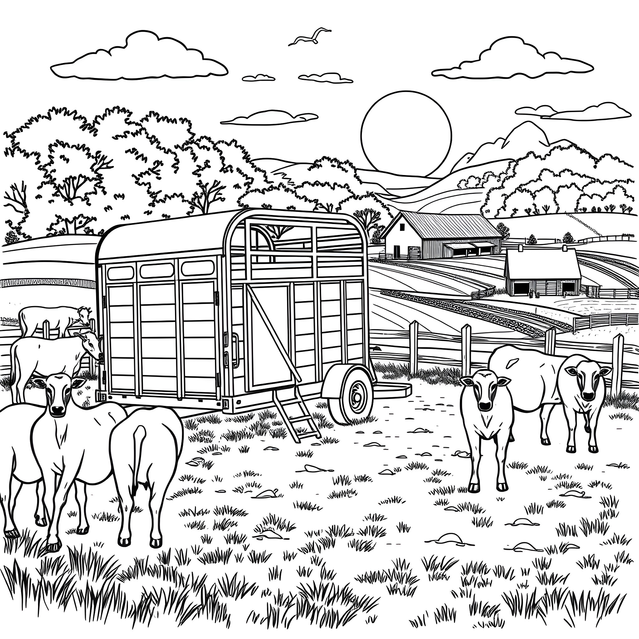 Gooseneck Trailer on a Rural Farm with Cattle Coloring Page (free black-and-white line drawing printable PDF for all, from beginners to advanced learners, including children, teens, adults, and seniors)