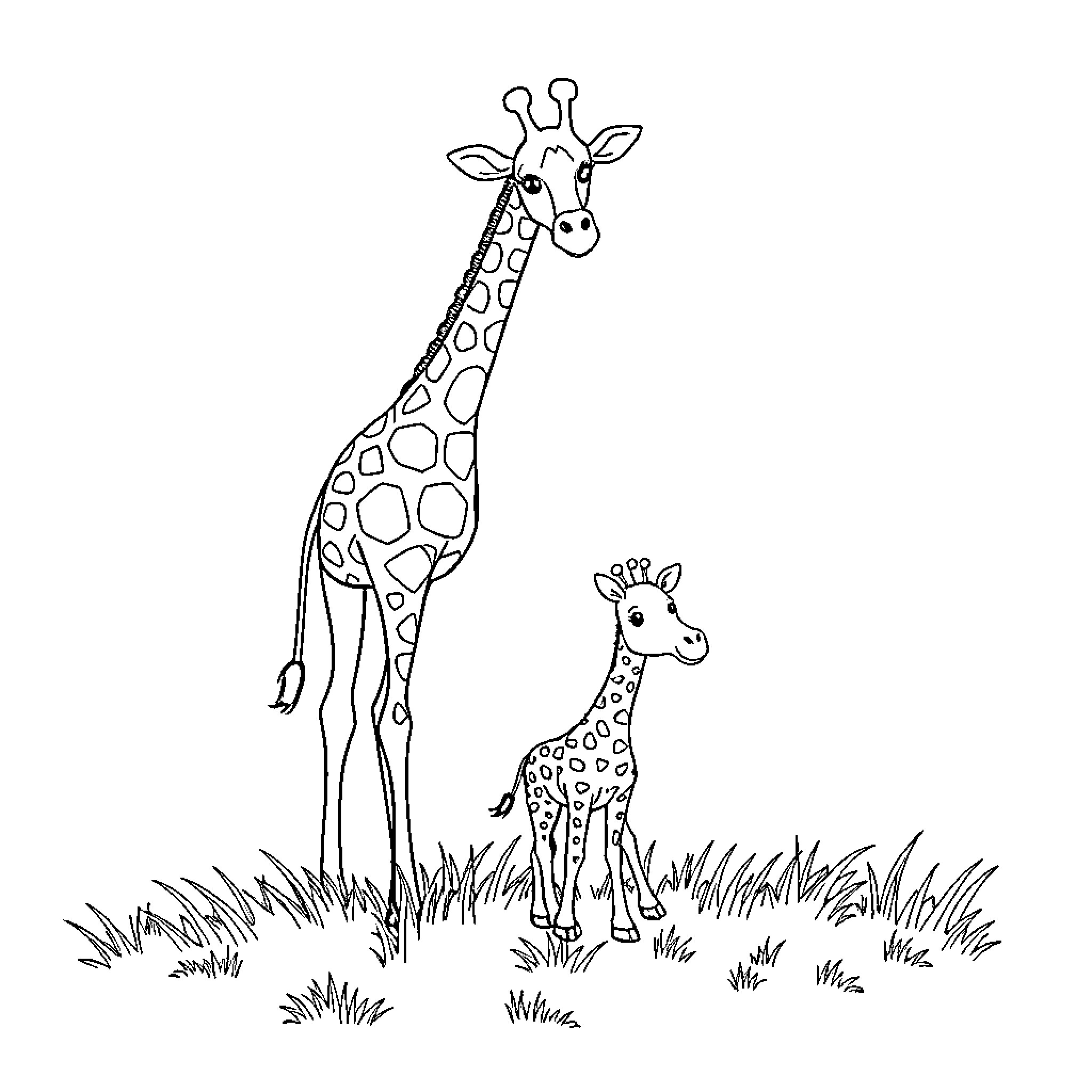 Giraffe and baby giraffe in nature Coloring Page (free black-and-white line drawing printable PDF for all, from beginners to advanced learners, including children, teens, adults, and seniors)