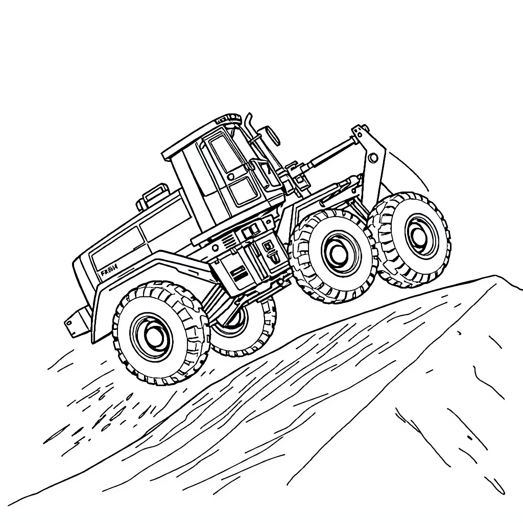 Wheel Loader Climbing Rugged Terrain Coloring Page (free black-and-white line drawing printable PDF for all, from beginners to advanced learners, including children, teens, adults, and seniors)