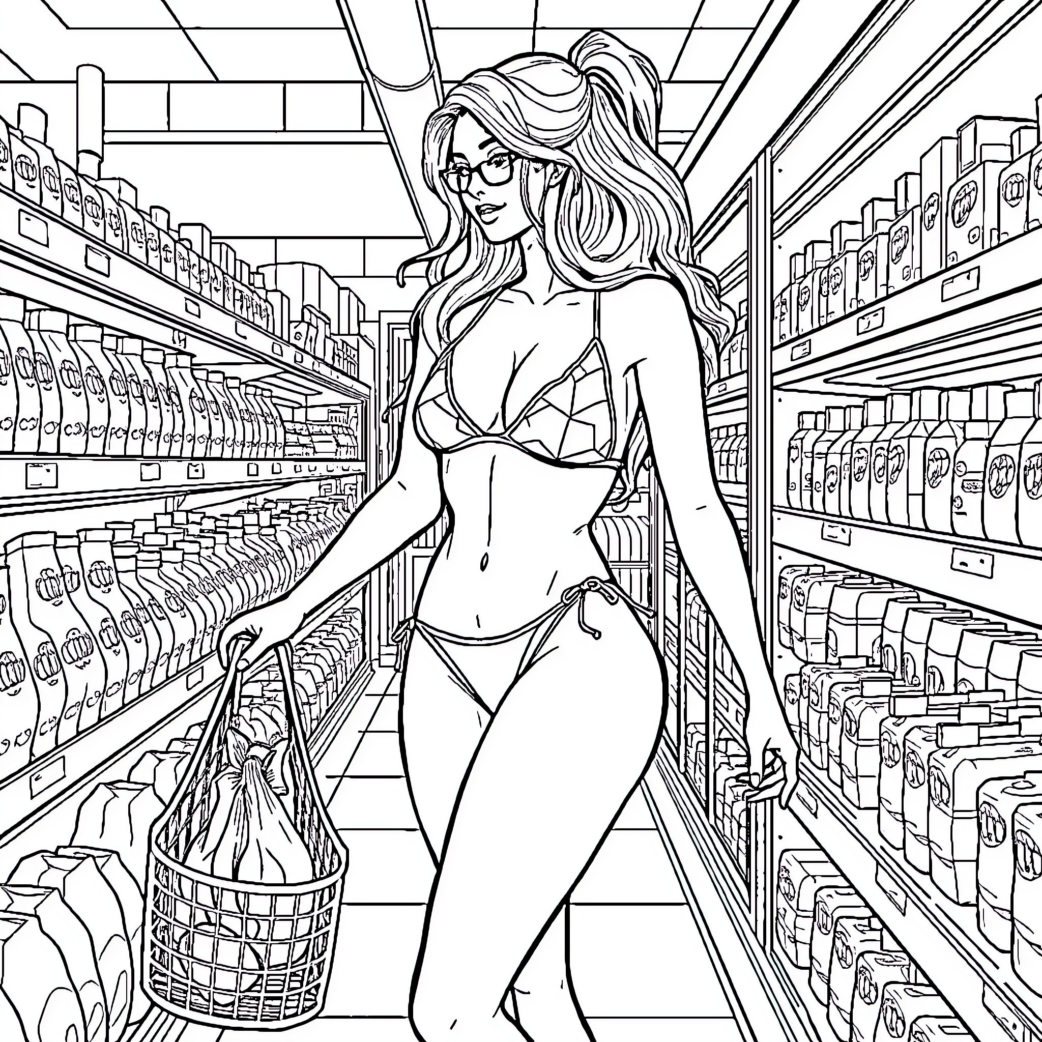 Woman shopping for essentials in a grocery store Coloring Page (free black-and-white line drawing printable PDF for all, from beginners to advanced learners, including children, teens, adults, and seniors)