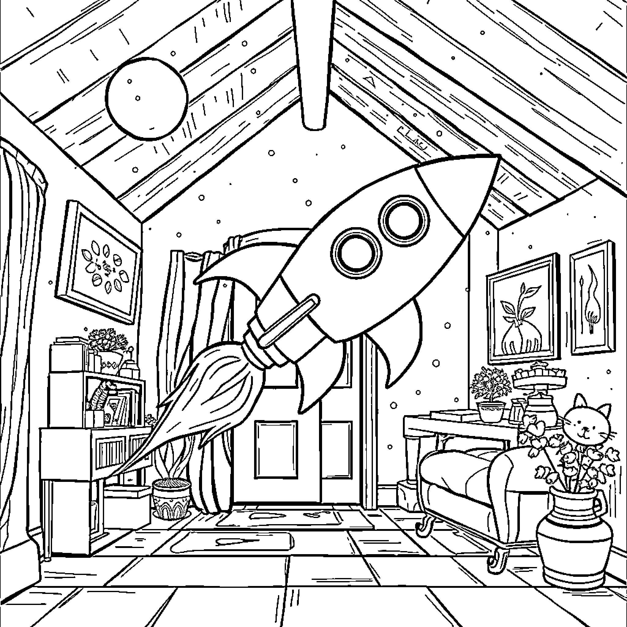 Rocket Taking Off from Child's Bedroom Coloring Page (free black-and-white line drawing printable PDF for all, from beginners to advanced learners, including children, teens, adults, and seniors)