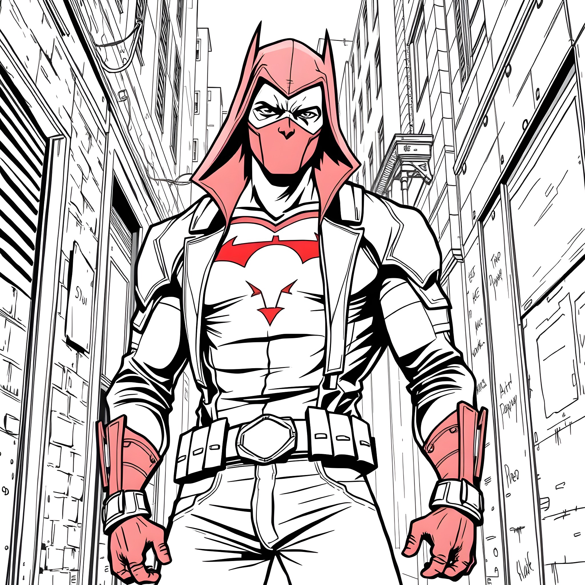 Red Hood's Heroic Stride Through the City Coloring Page (free black-and-white line drawing printable PDF for all, from beginners to advanced learners, including children, teens, adults, and seniors)