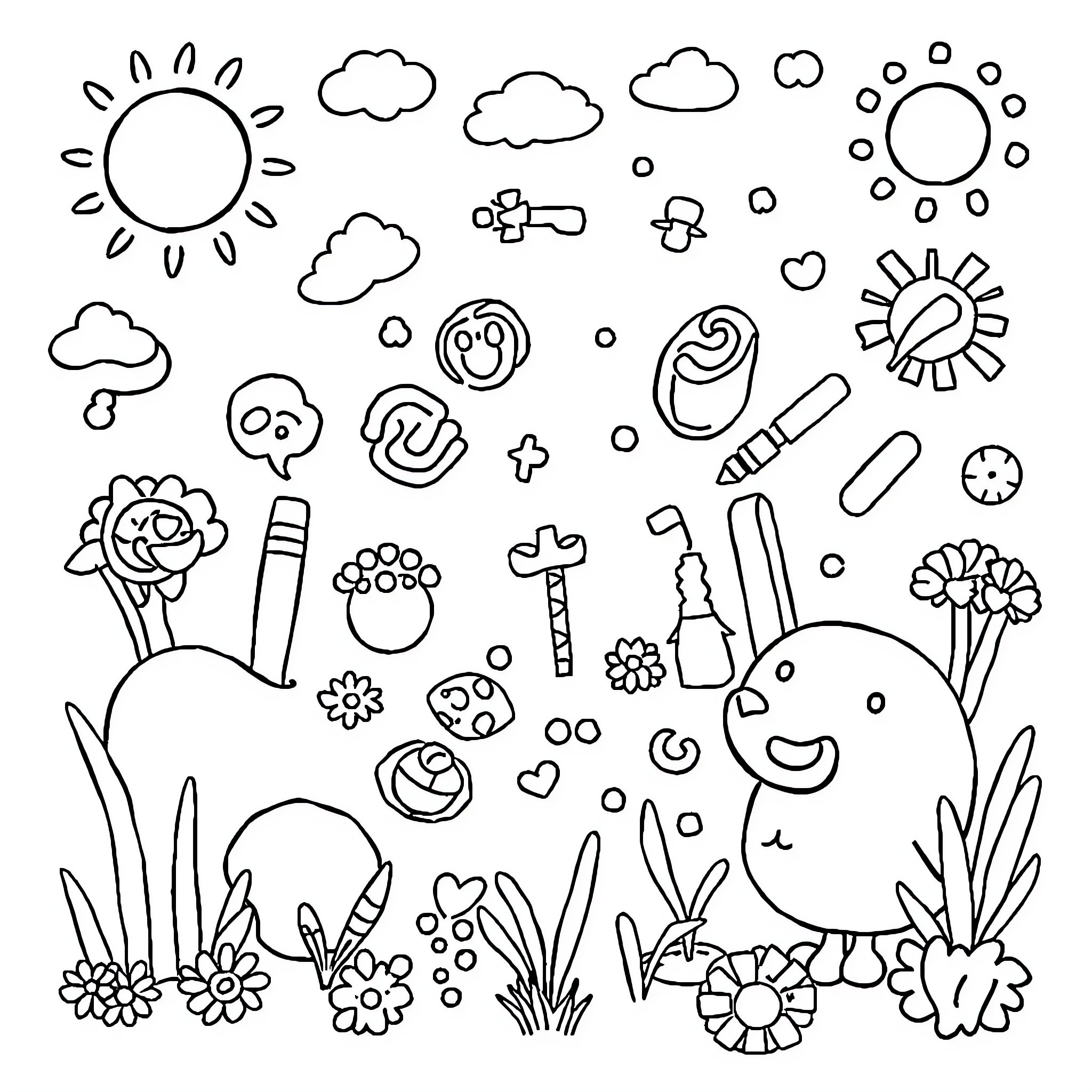 Pre-K Playful Doodles and Illustrations Coloring Page (free black-and-white line drawing printable PDF for all, from beginners to advanced learners, including children, teens, adults, and seniors)