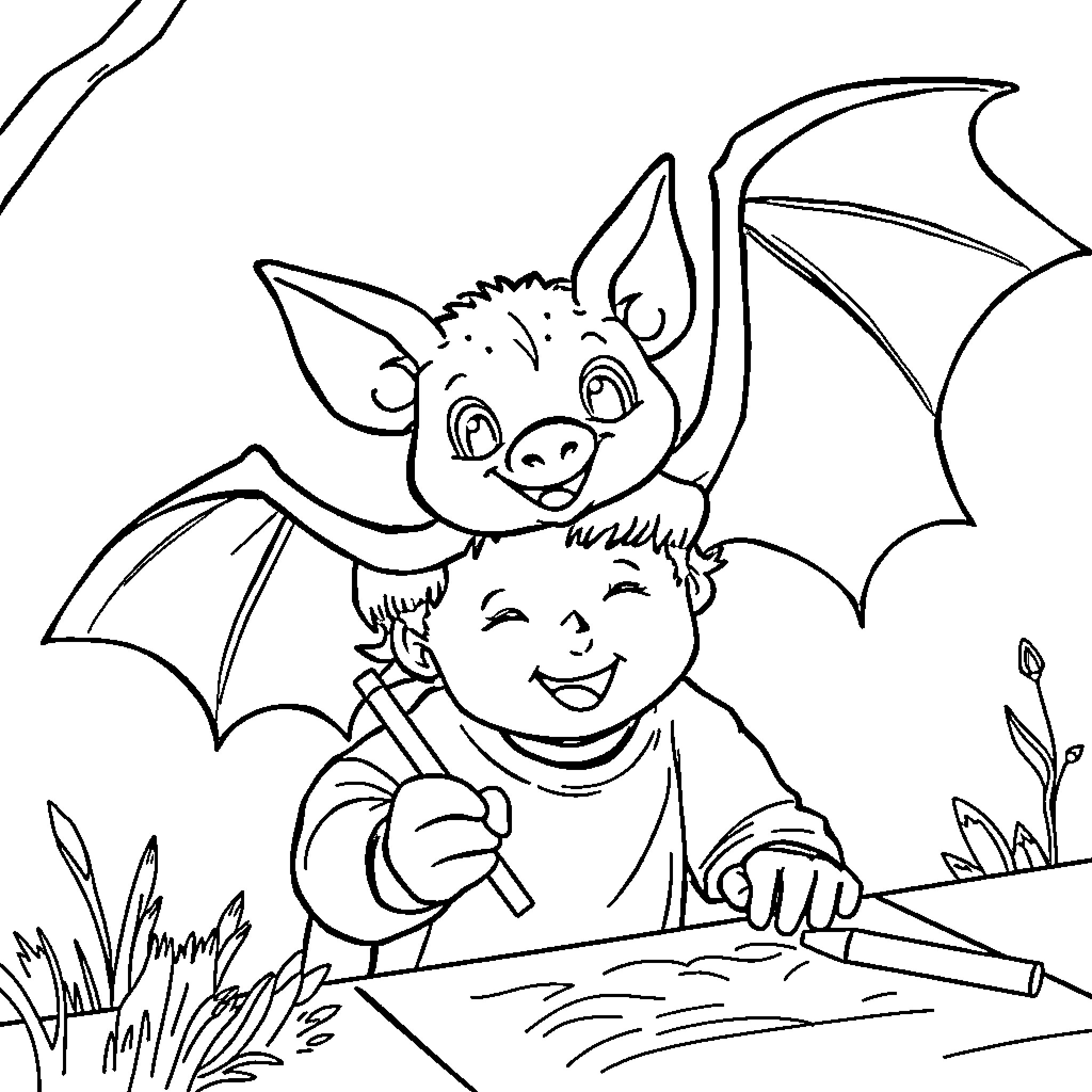 Bat helping a child draw a picture outdoors Coloring Page (free black-and-white line drawing printable PDF for all, from beginners to advanced learners, including children, teens, adults, and seniors)