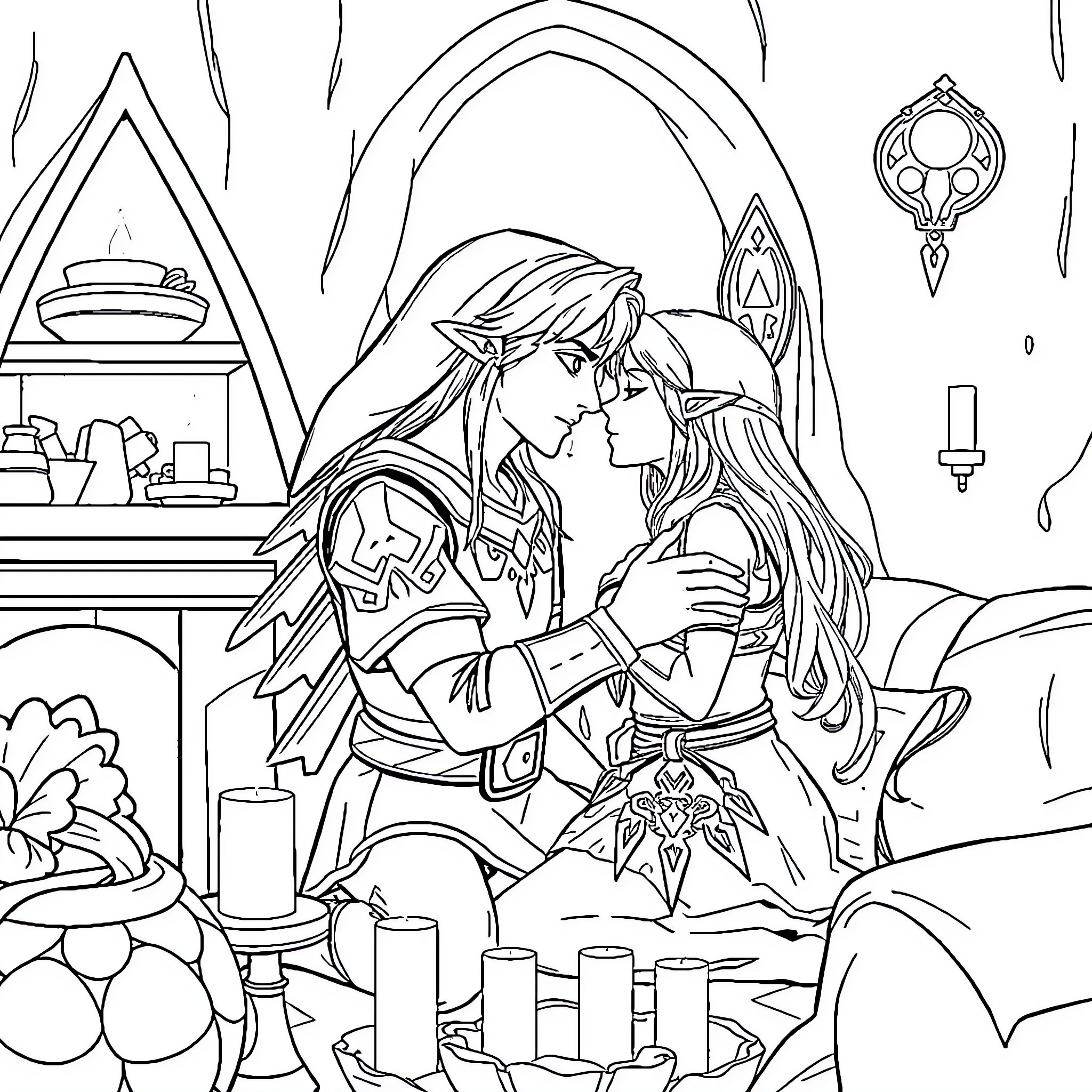 Link comforting the princess in a magical castle Coloring Page (free black-and-white line drawing printable PDF for all, from beginners to advanced learners, including children, teens, adults, and seniors)