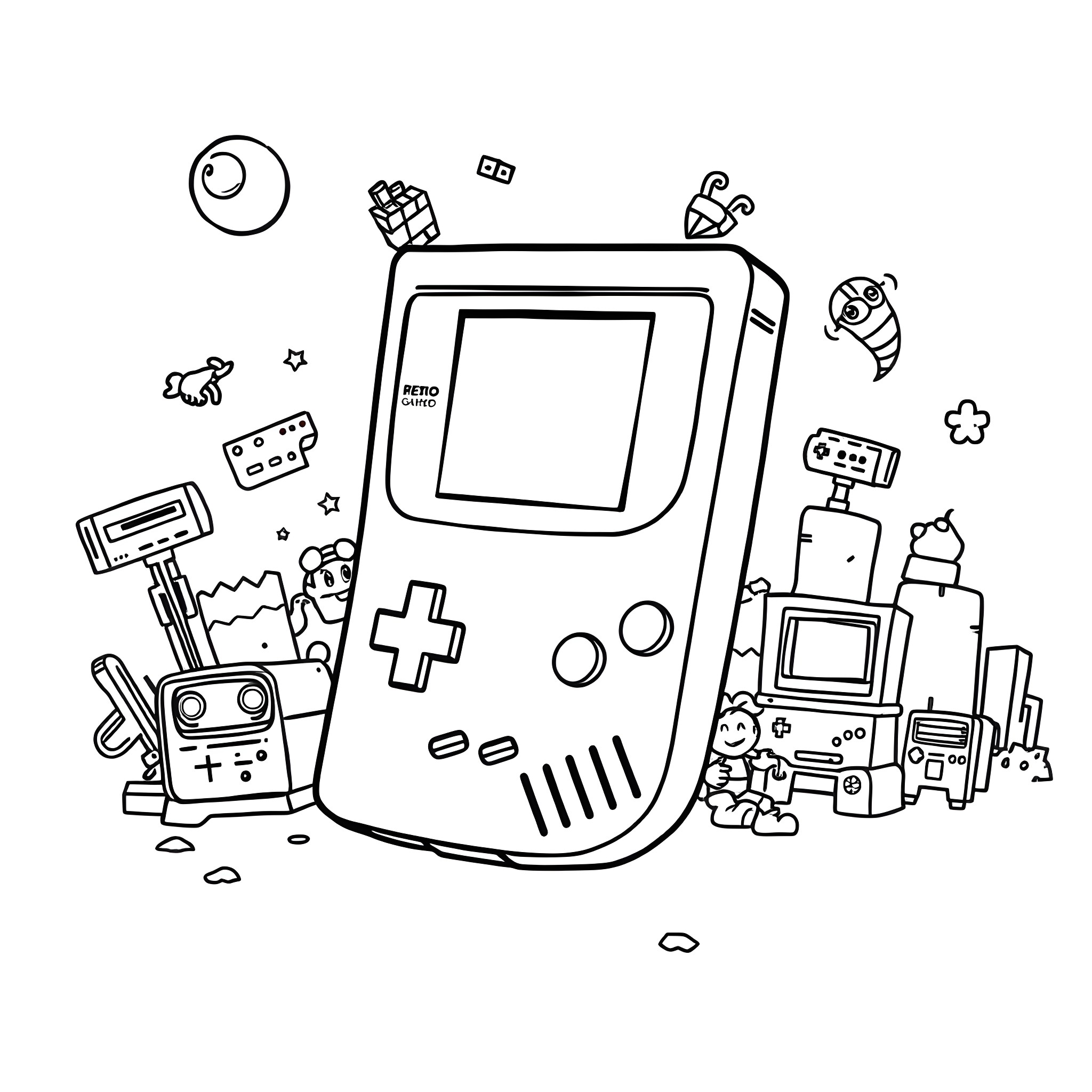 Gameboy surrounded by various gaming accessories and elements Coloring Page (free black-and-white line drawing printable PDF for all, from beginners to advanced learners, including children, teens, adults, and seniors)