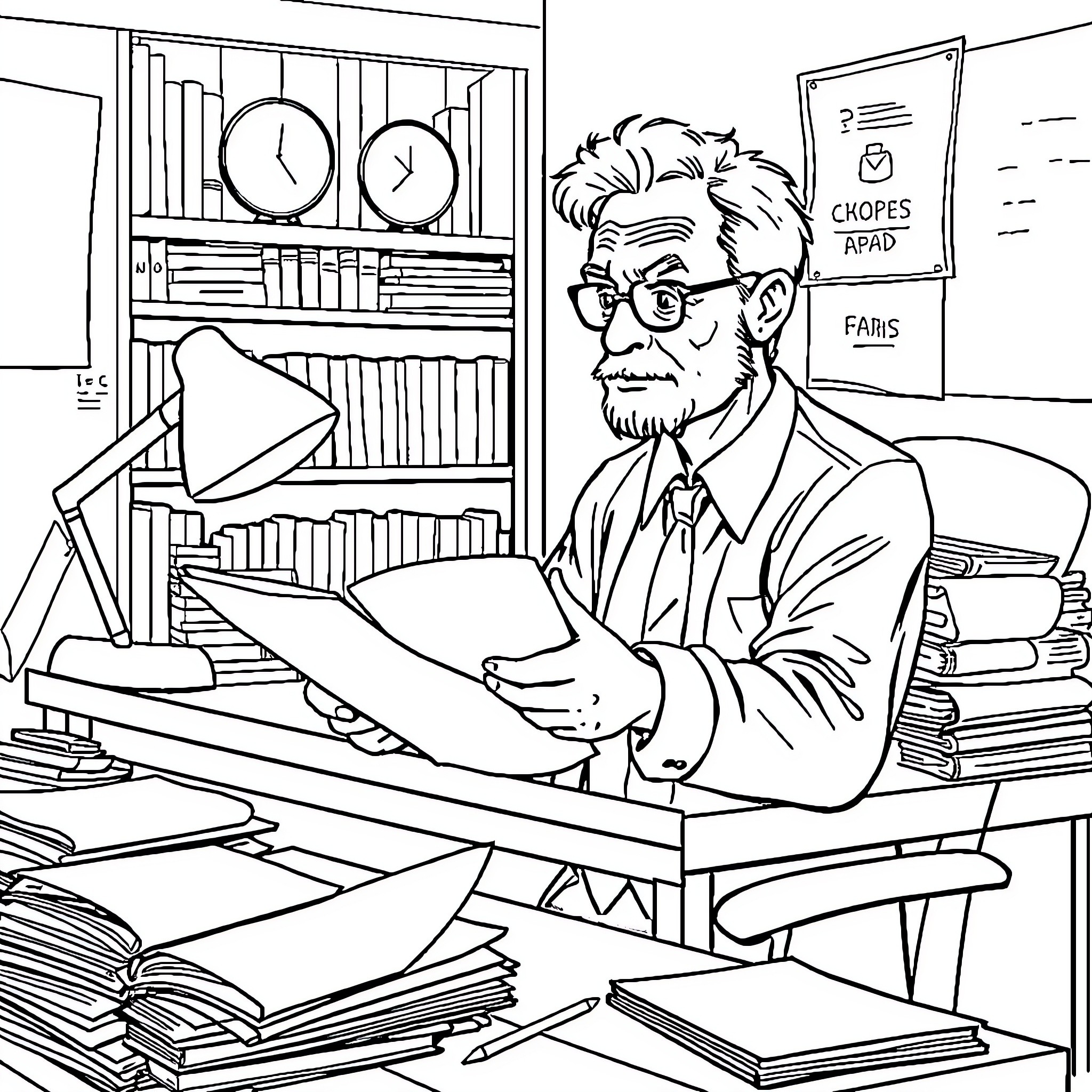 Teacher working diligently at messy desk Coloring Page (free black-and-white line drawing printable PDF for all, from beginners to advanced learners, including children, teens, adults, and seniors)