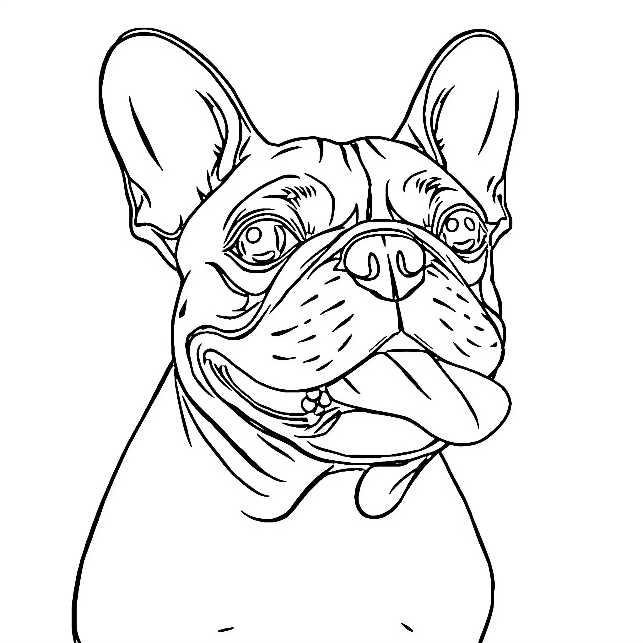 French Bulldog with expressive face Coloring Page (free black-and-white line drawing printable PDF for all, from beginners to advanced learners, including children, teens, adults, and seniors)