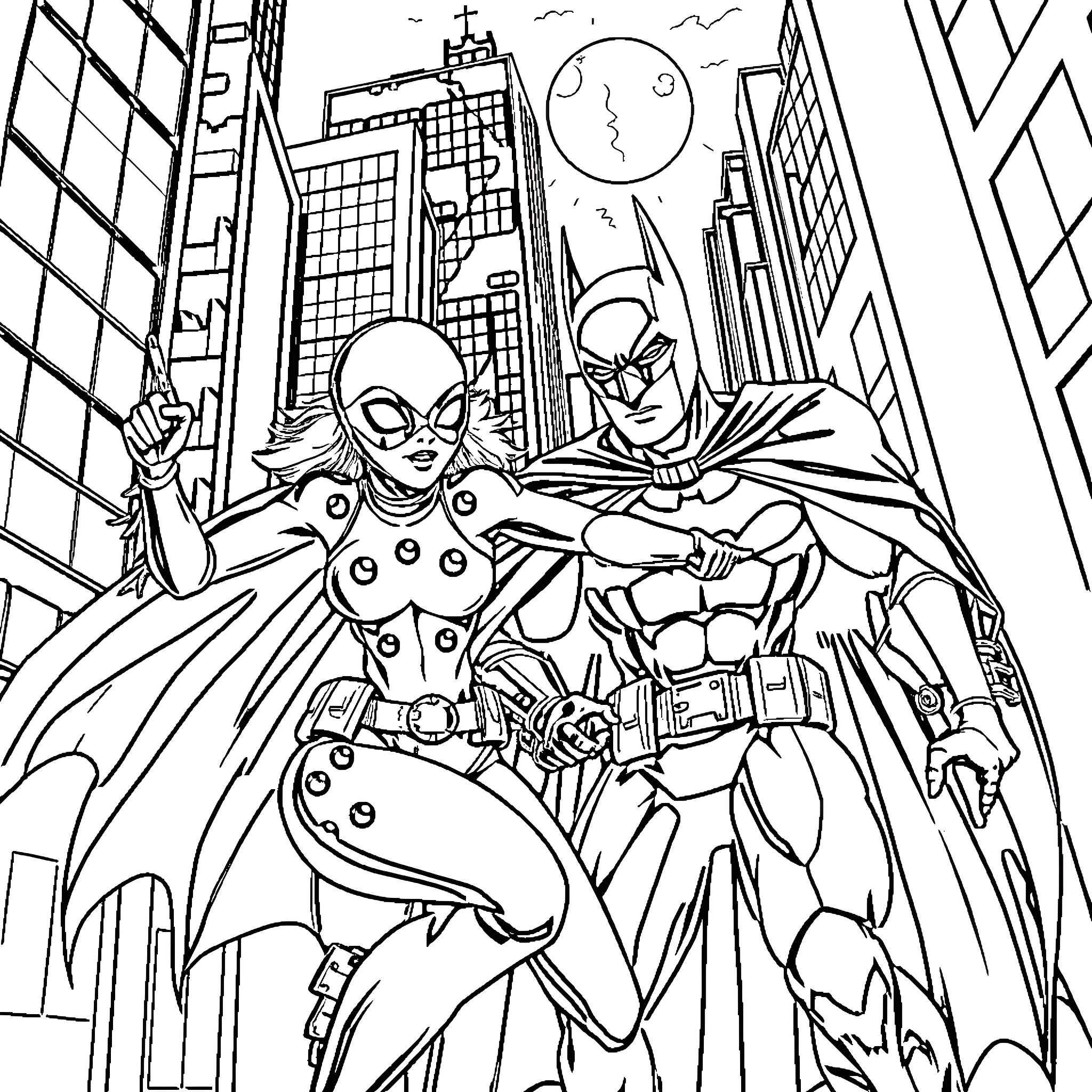 Ladybug and Batman Heroically Patrolling the City Coloring Page (free black-and-white line drawing printable PDF for all, from beginners to advanced learners, including children, teens, adults, and seniors)