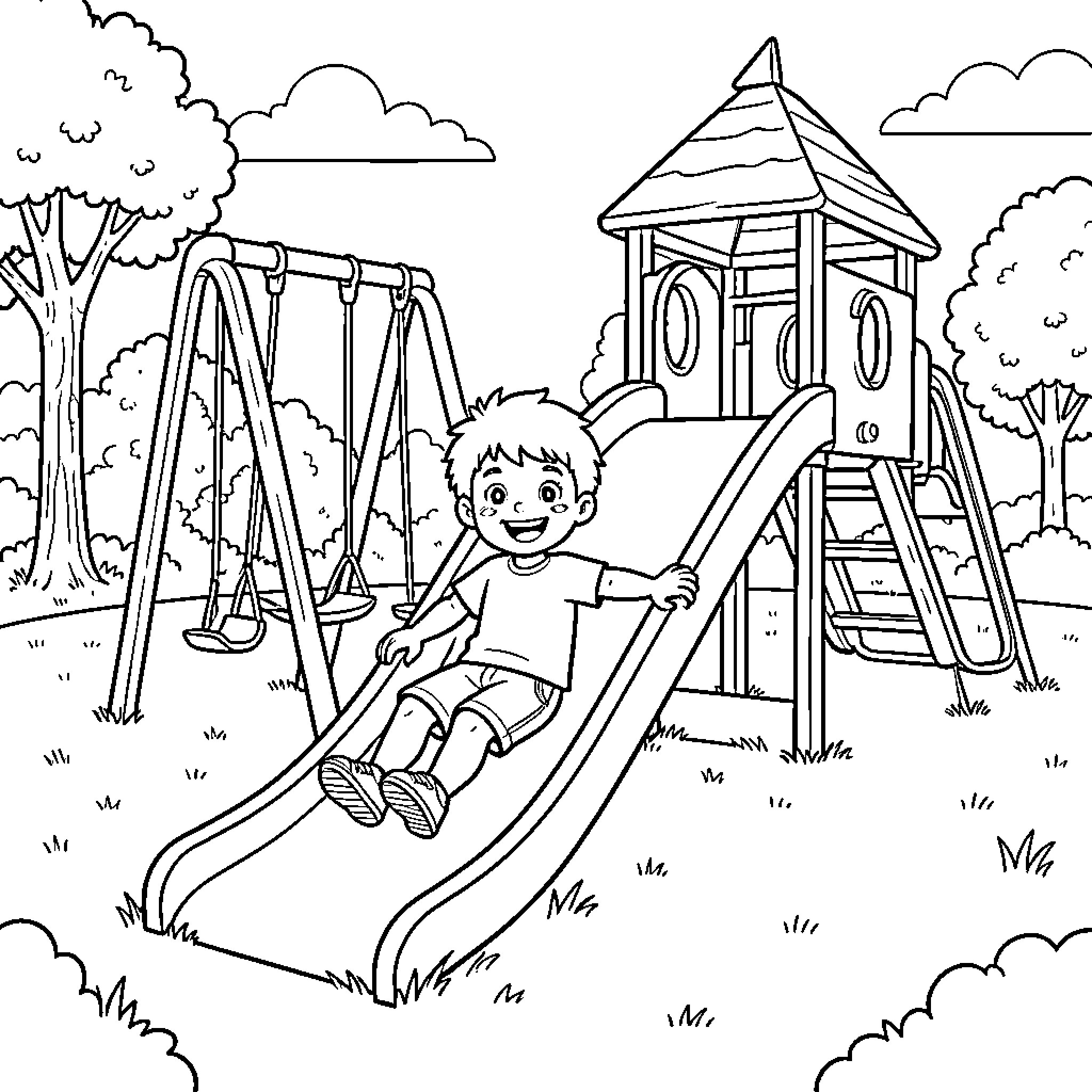 Child smiling while sliding down a playground slide Coloring Page (free black-and-white line drawing printable PDF for all, from beginners to advanced learners, including children, teens, adults, and seniors)