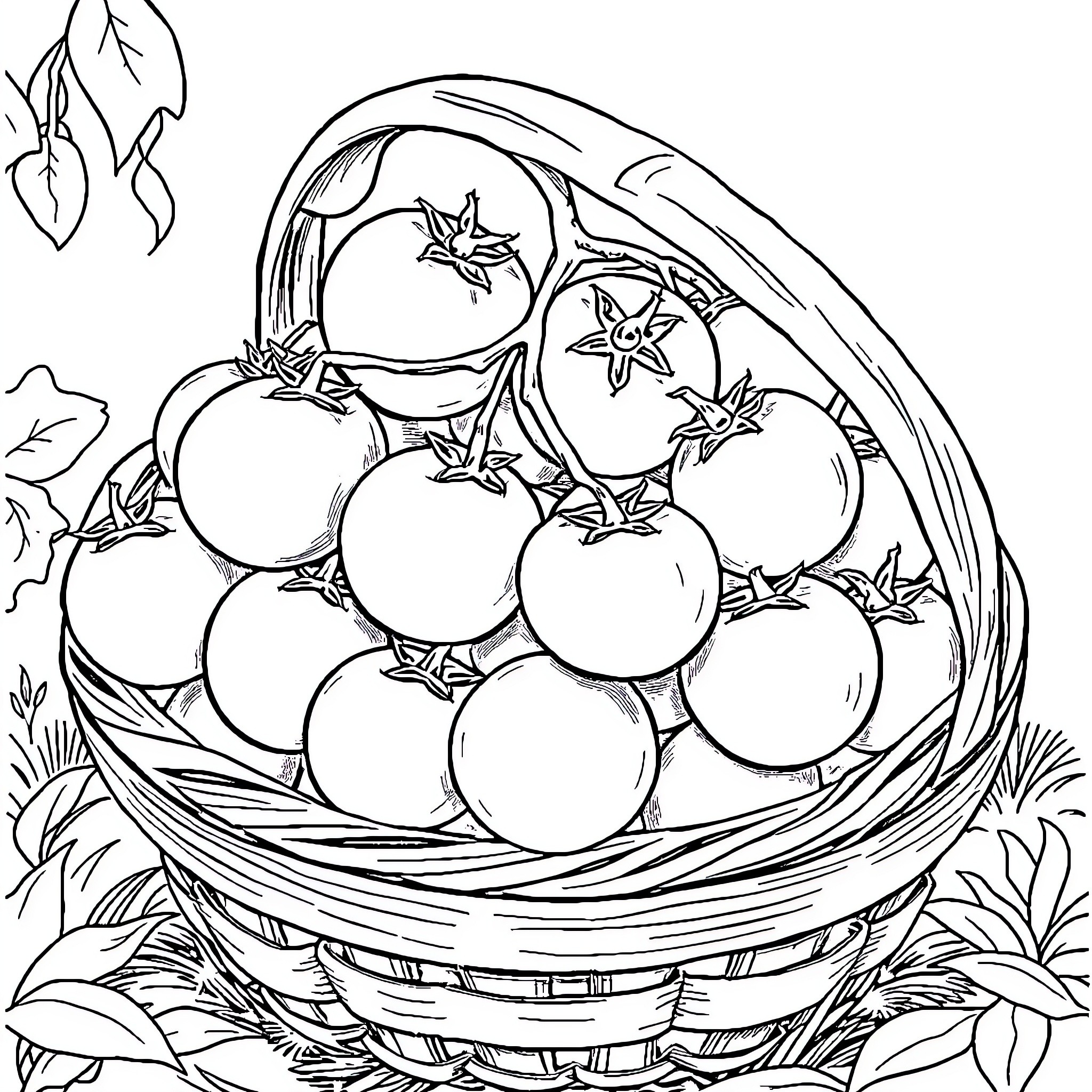 Tomato Basket Bounty in Nature Coloring Page (free black-and-white line drawing printable PDF for all, from beginners to advanced learners, including children, teens, adults, and seniors)