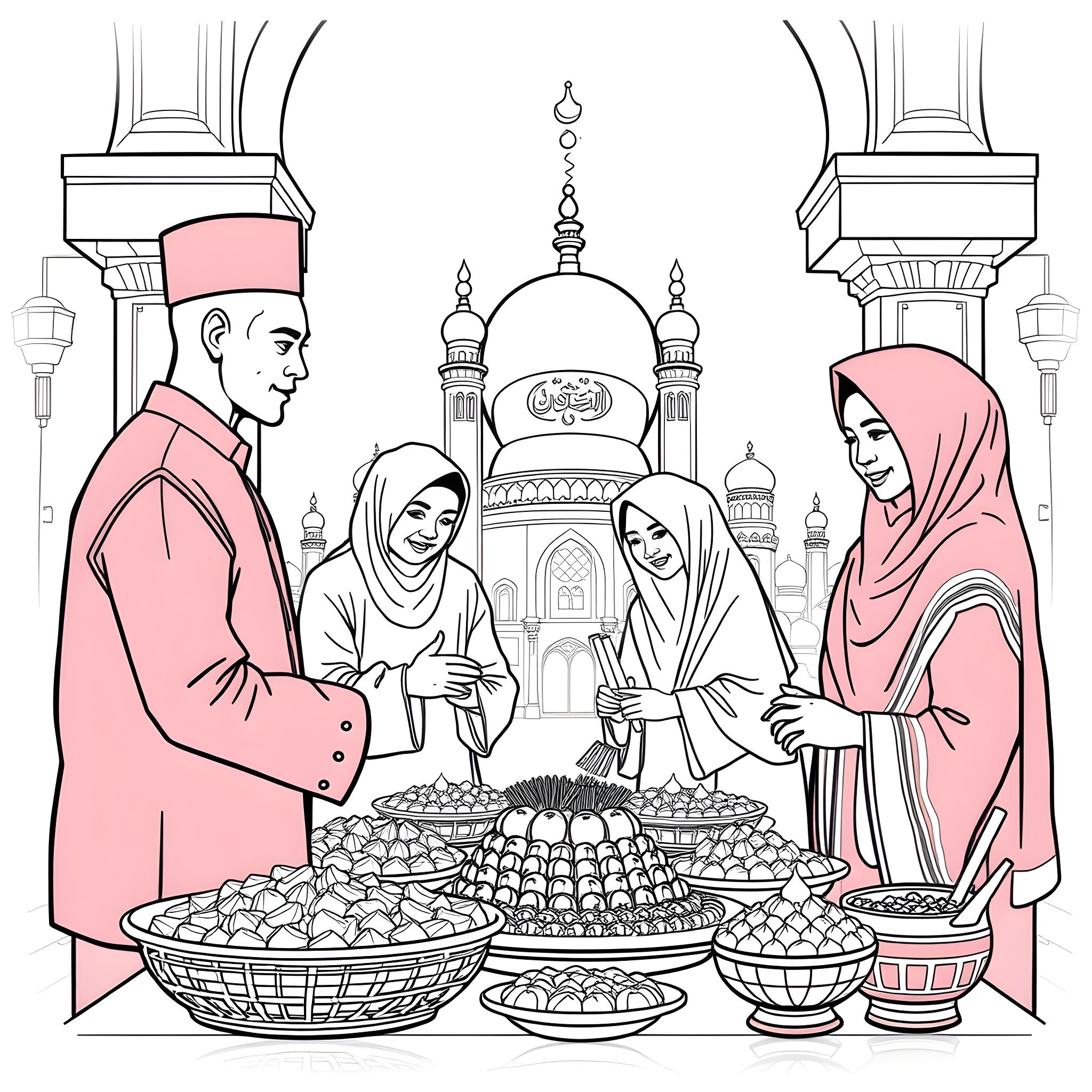 Raya enjoying traditional festivities with family Coloring Page (free black-and-white line drawing printable PDF for all, from beginners to advanced learners, including children, teens, adults, and seniors)