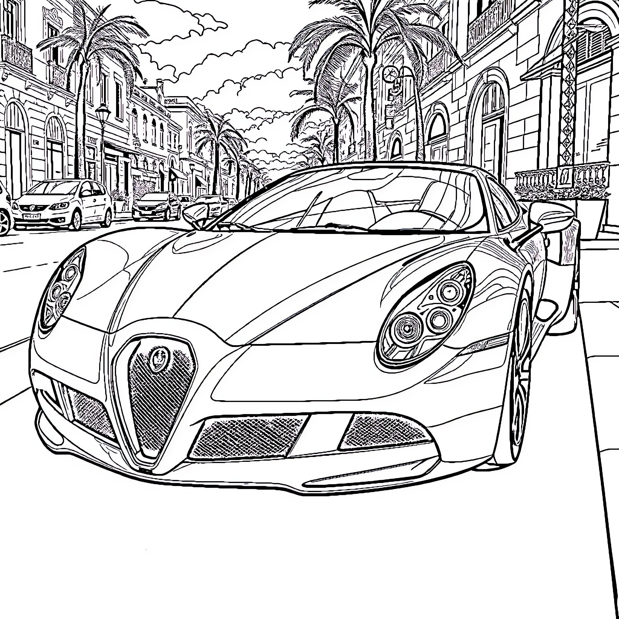 Lamborghini speeding through a vibrant city landscape Coloring Page (free black-and-white line drawing printable PDF for all, from beginners to advanced learners, including children, teens, adults, and seniors)