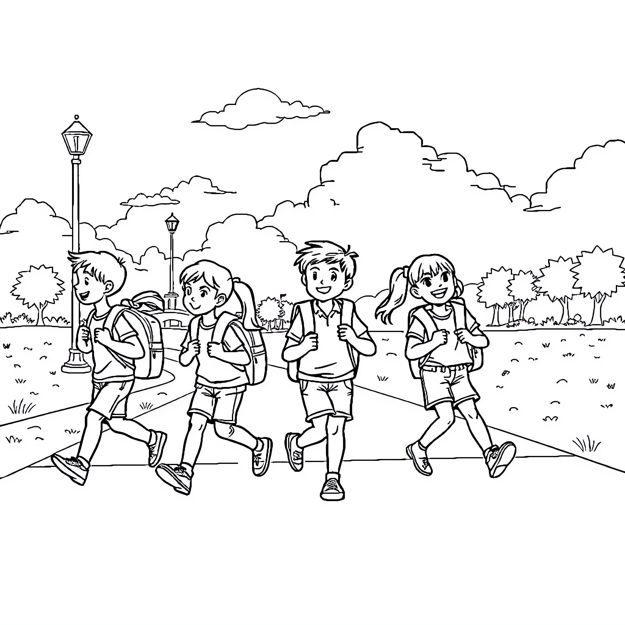 Child friends enjoying outdoor activities together Coloring Page (free black-and-white line drawing printable PDF for all, from beginners to advanced learners, including children, teens, adults, and seniors)