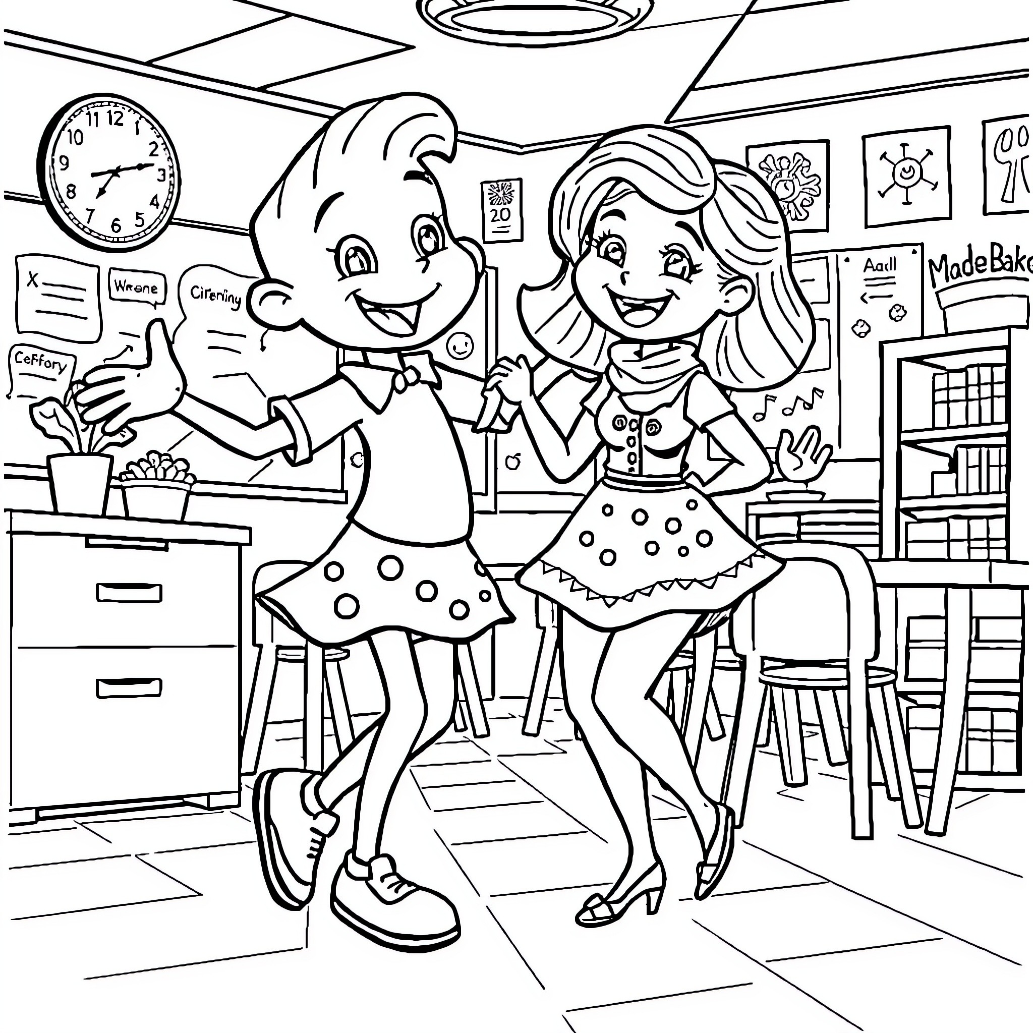 Bluey Characters' Fun Day at School Coloring Page (free black-and-white line drawing printable PDF for all, from beginners to advanced learners, including children, teens, adults, and seniors)