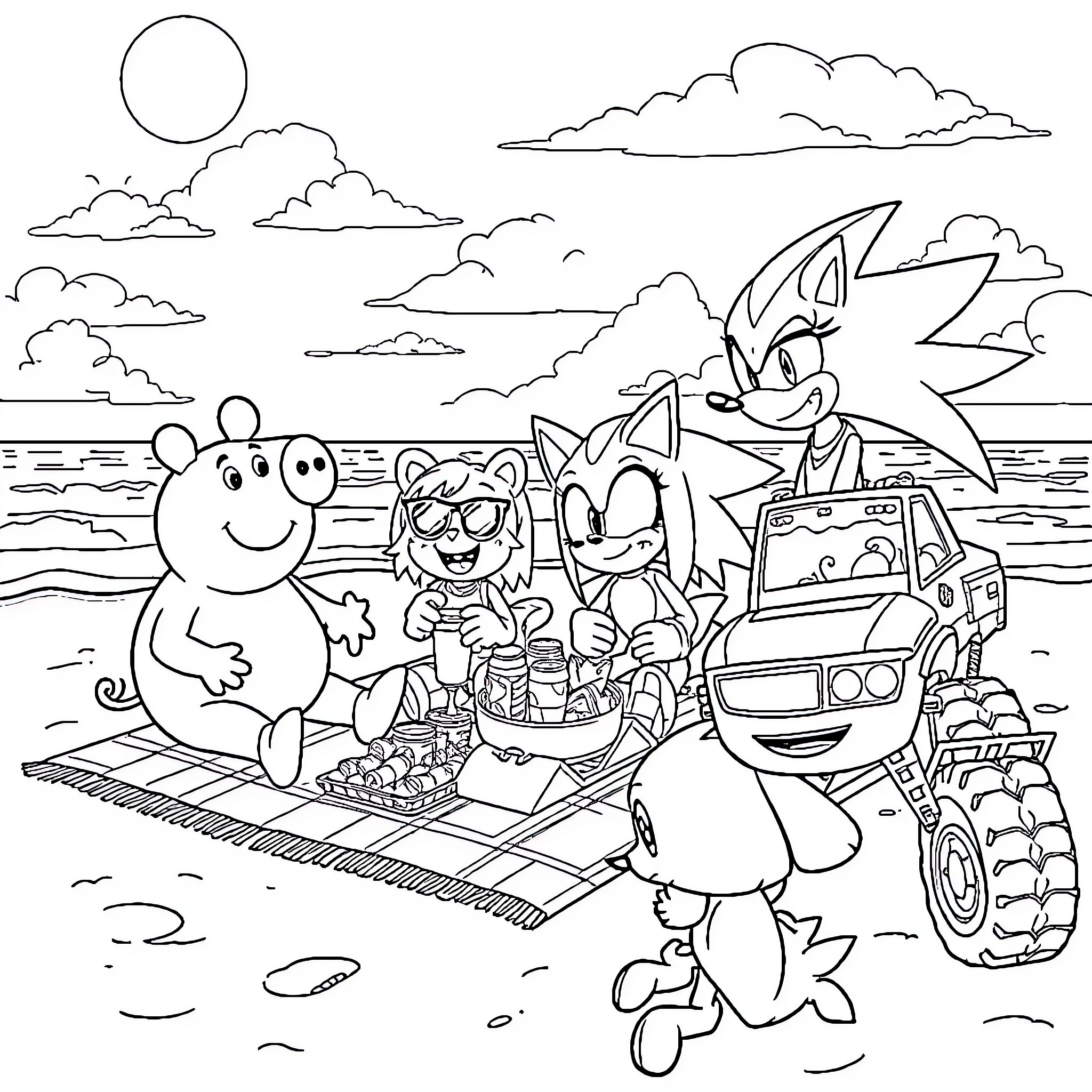 Pig friends enjoying a day at the beach Coloring Page (free black-and-white line drawing printable PDF for all, from beginners to advanced learners, including children, teens, adults, and seniors)