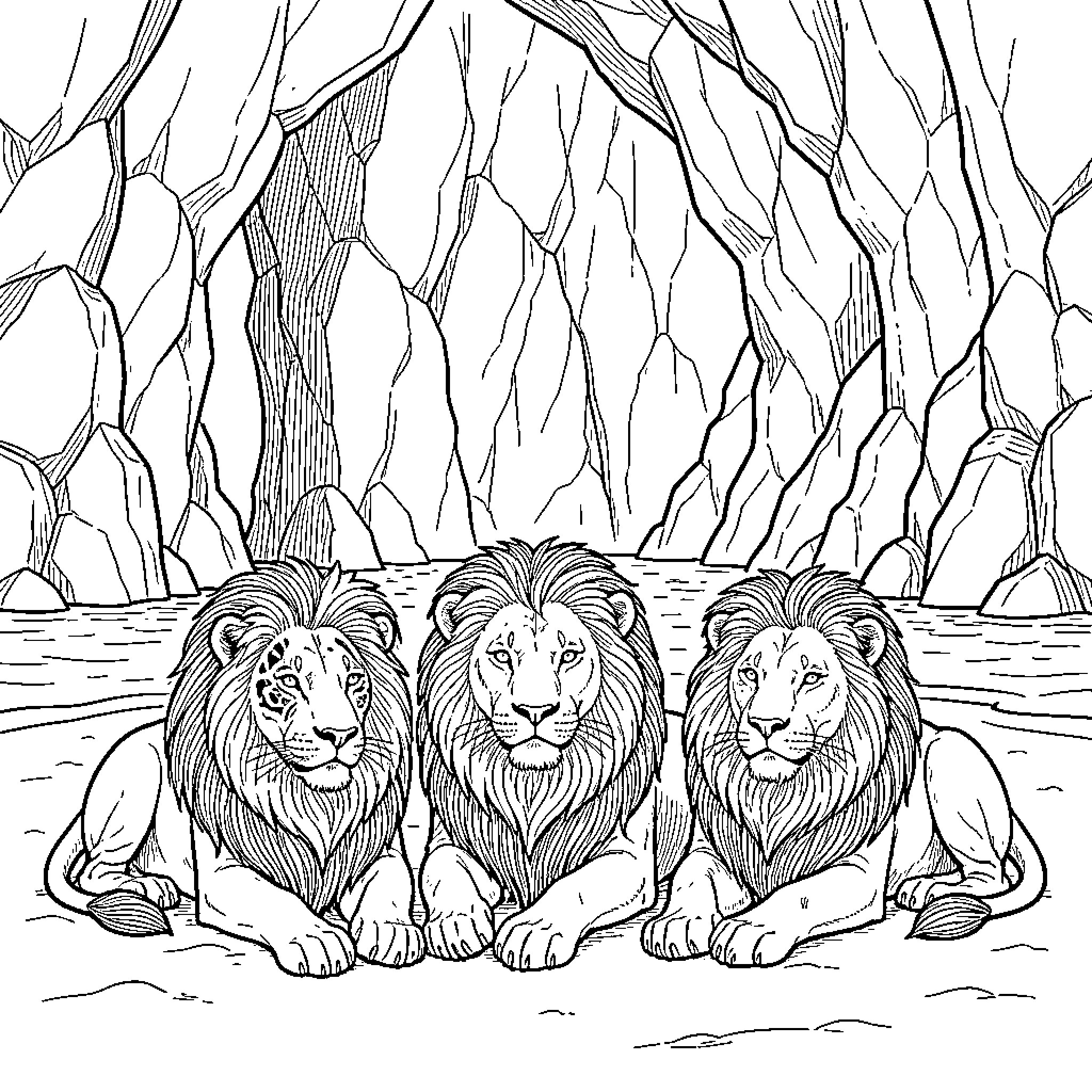 Lion trio resting peacefully inside a rocky cave Coloring Page (free black-and-white line drawing printable PDF for all, from beginners to advanced learners, including children, teens, adults, and seniors)
