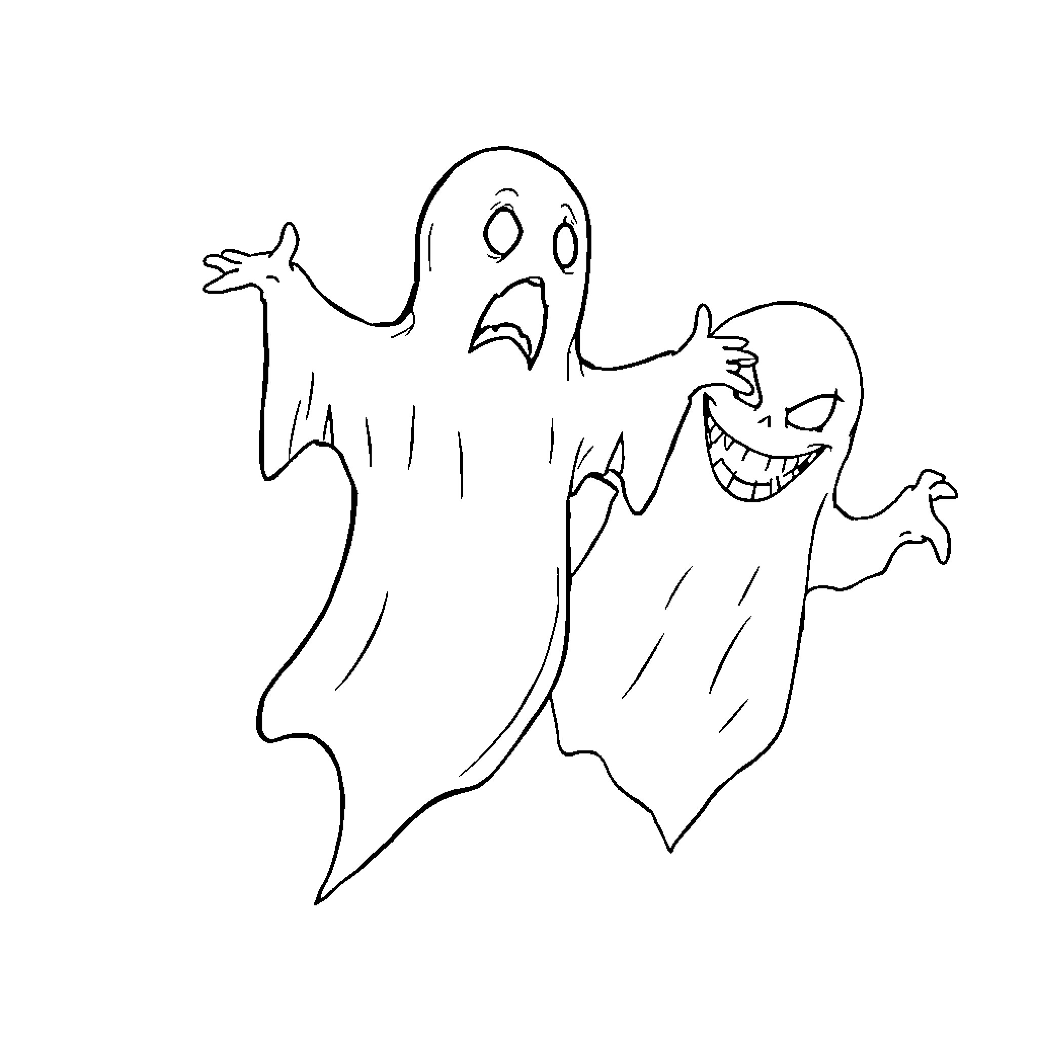 Ghost friends enjoying a spooky celebration Coloring Page (free black-and-white line drawing printable PDF for all, from beginners to advanced learners, including children, teens, adults, and seniors)