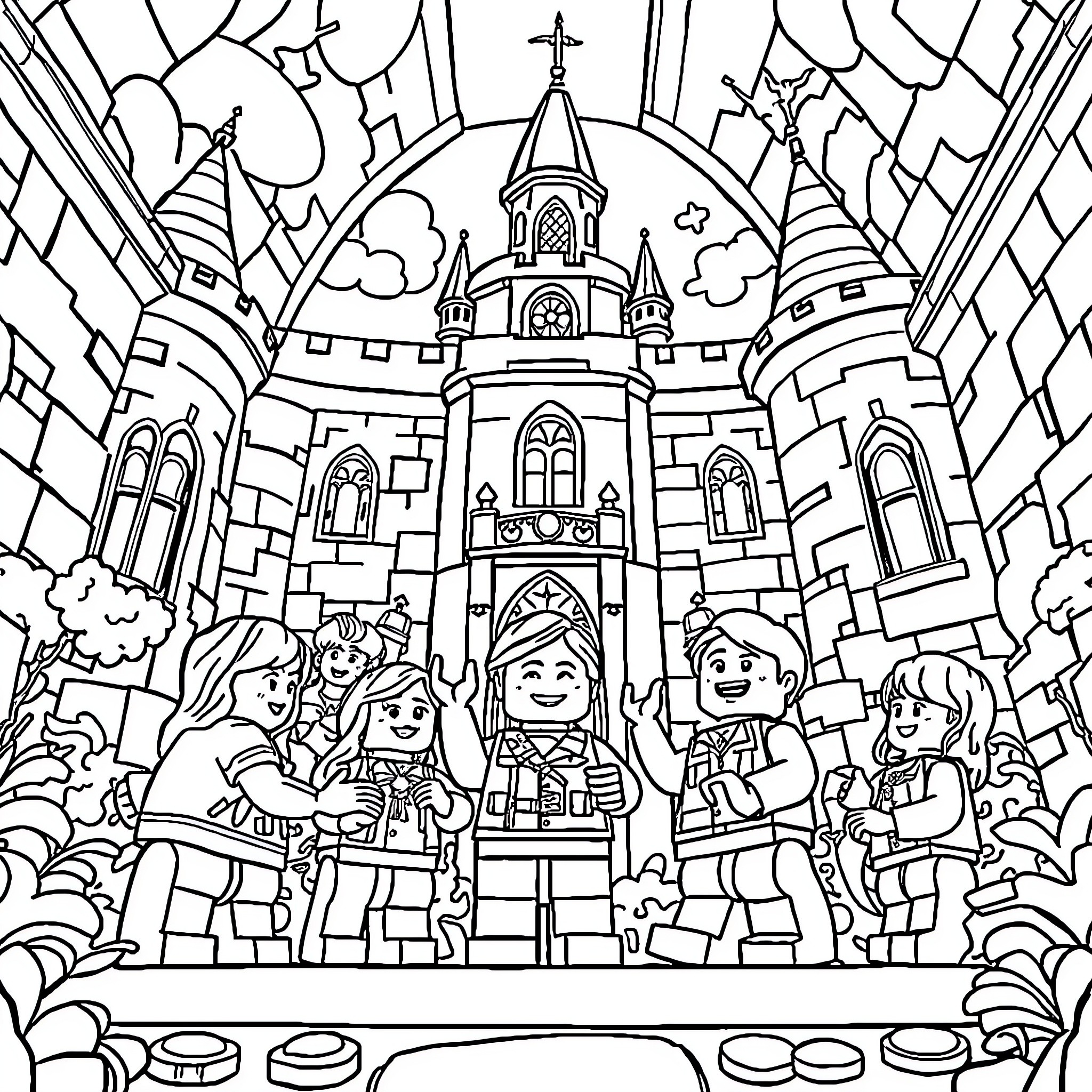 Lego People Explore a Magical Castle Coloring Page (free black-and-white line drawing printable PDF for all, from beginners to advanced learners, including children, teens, adults, and seniors)