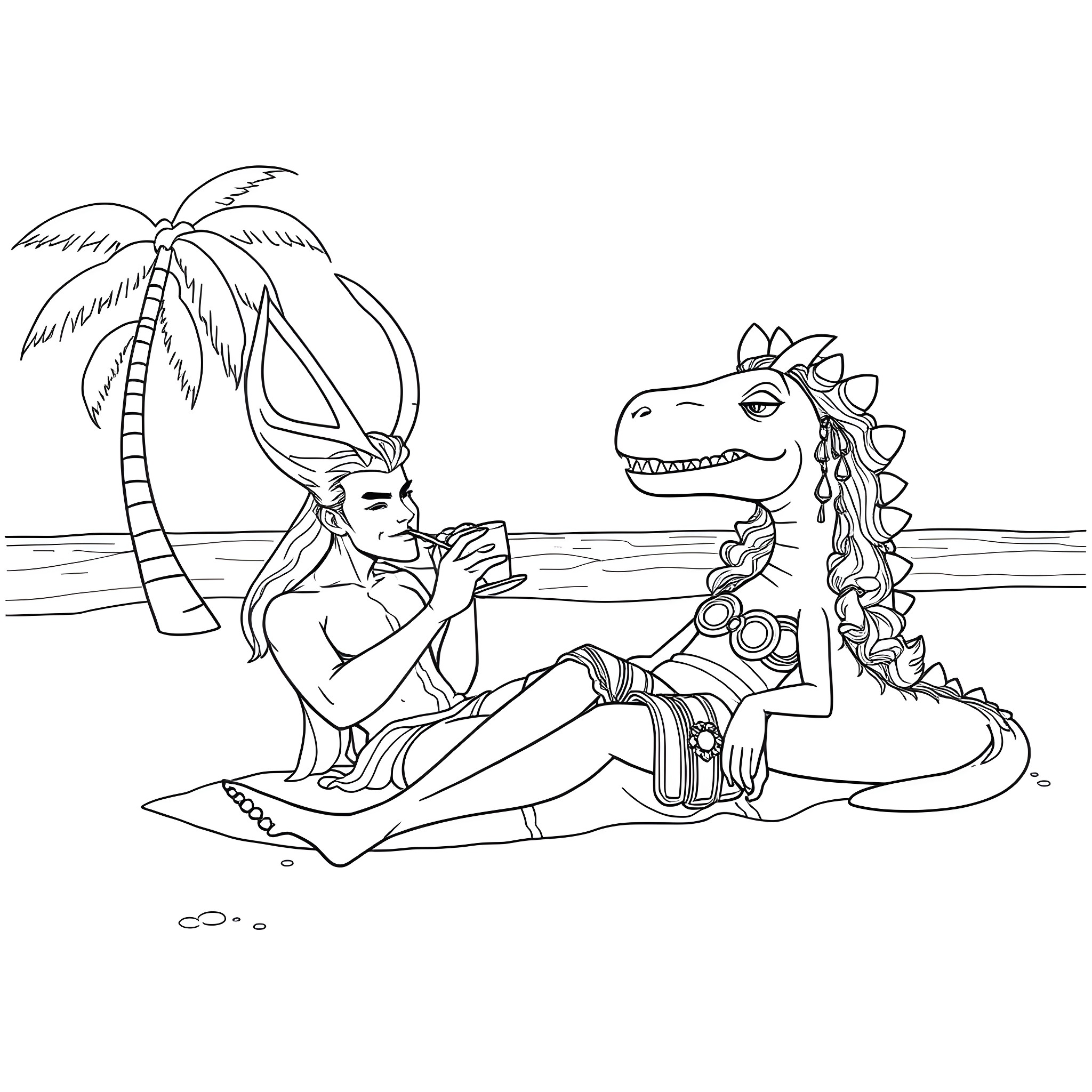 Loki lounging on the beach with a dinosaur companion Coloring Page (free black-and-white line drawing printable PDF for all, from beginners to advanced learners, including children, teens, adults, and seniors)
