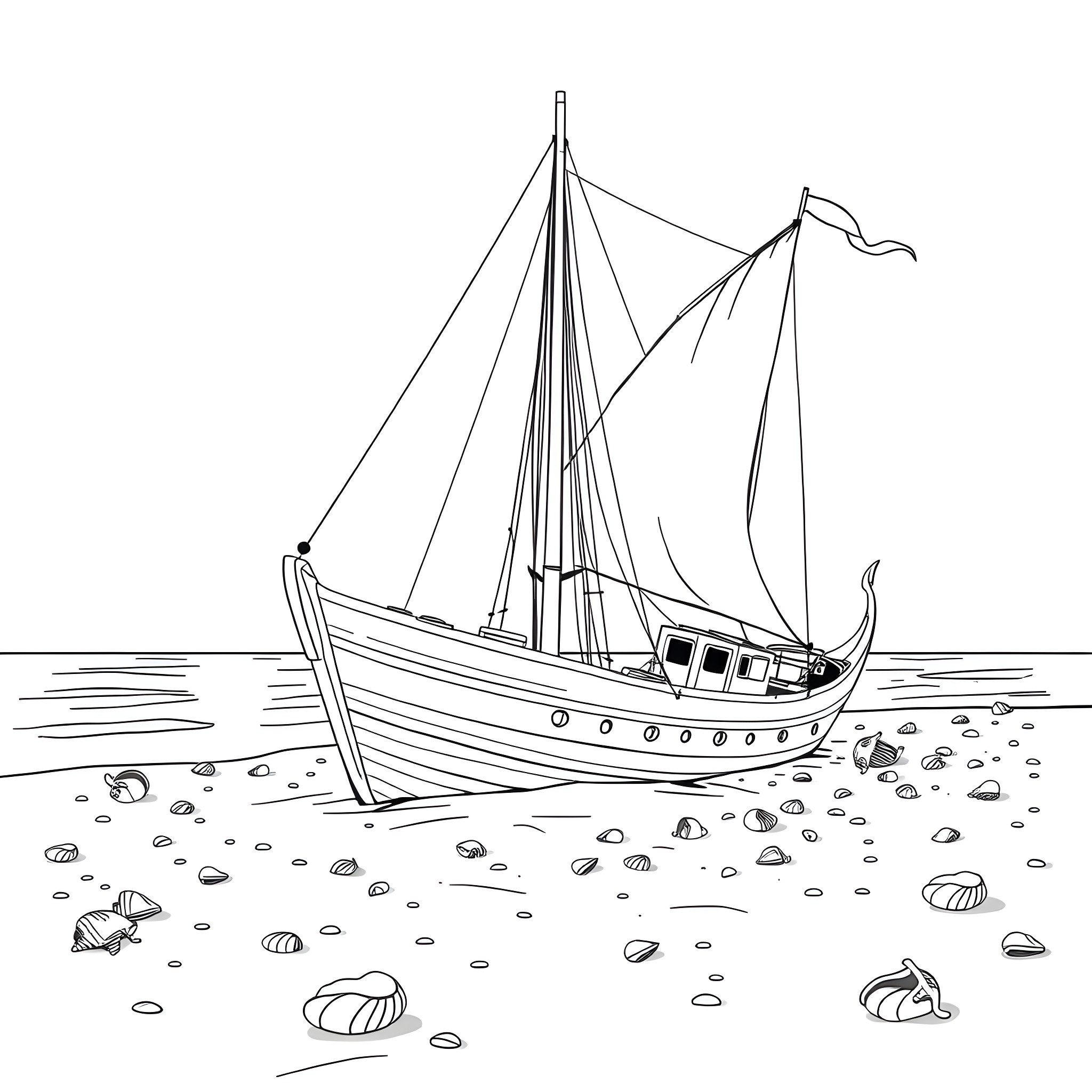 Ship sailing on the ocean near rocky shore Coloring Page (free black-and-white line drawing printable PDF for all, from beginners to advanced learners, including children, teens, adults, and seniors)