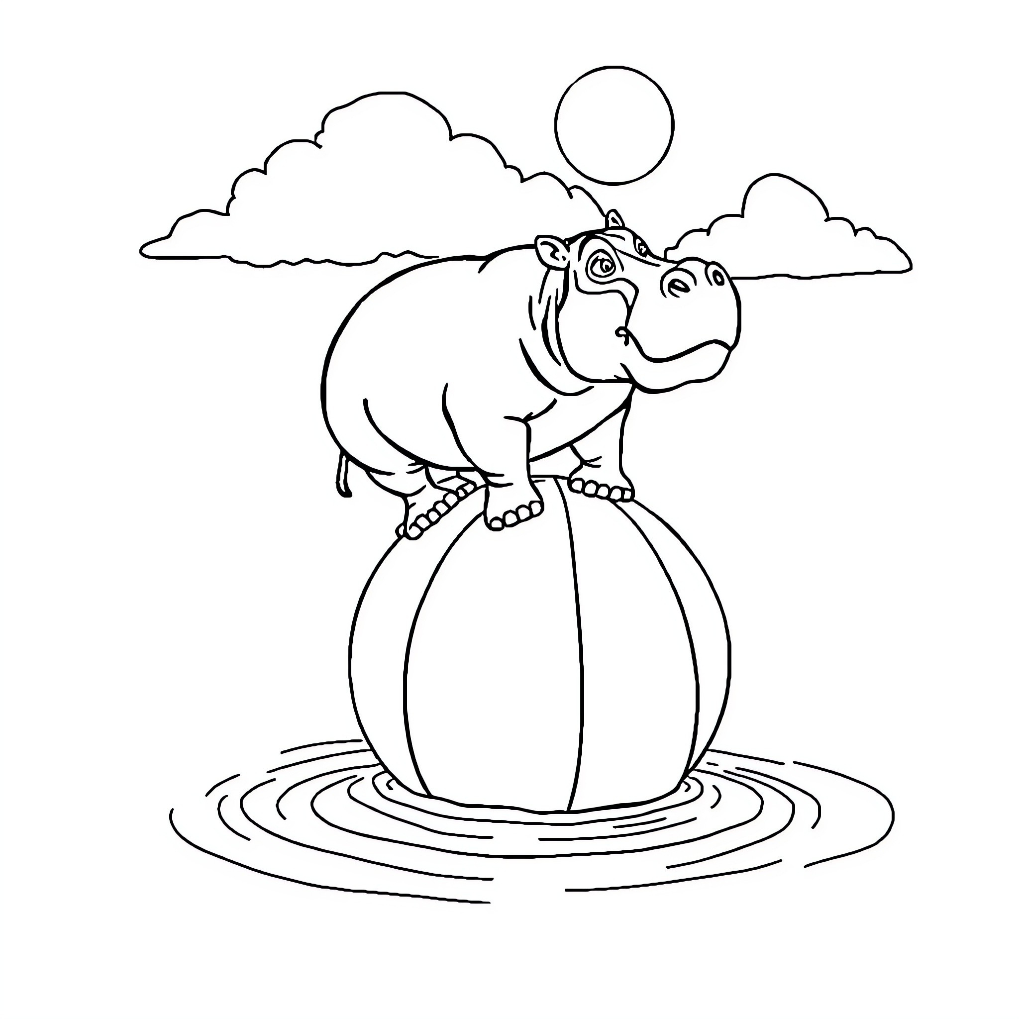 Hippo balancing on a beach ball Coloring Page (free black-and-white line drawing printable PDF for all, from beginners to advanced learners, including children, teens, adults, and seniors)