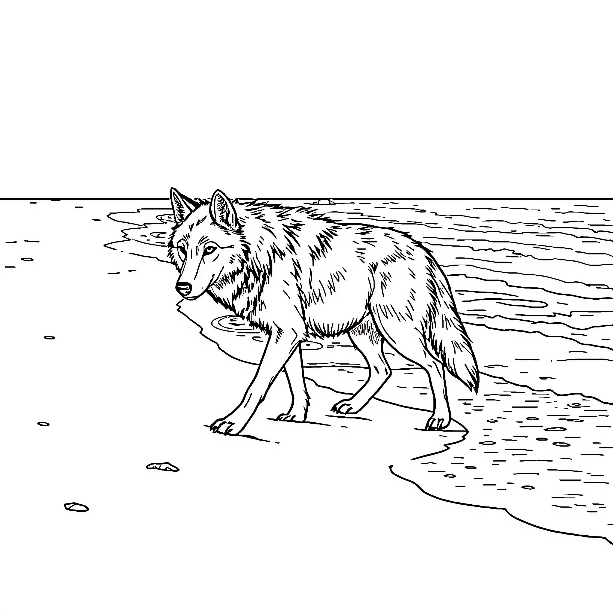 Wolf walking along the shoreline Coloring Page (free black-and-white line drawing printable PDF for all, from beginners to advanced learners, including children, teens, adults, and seniors)