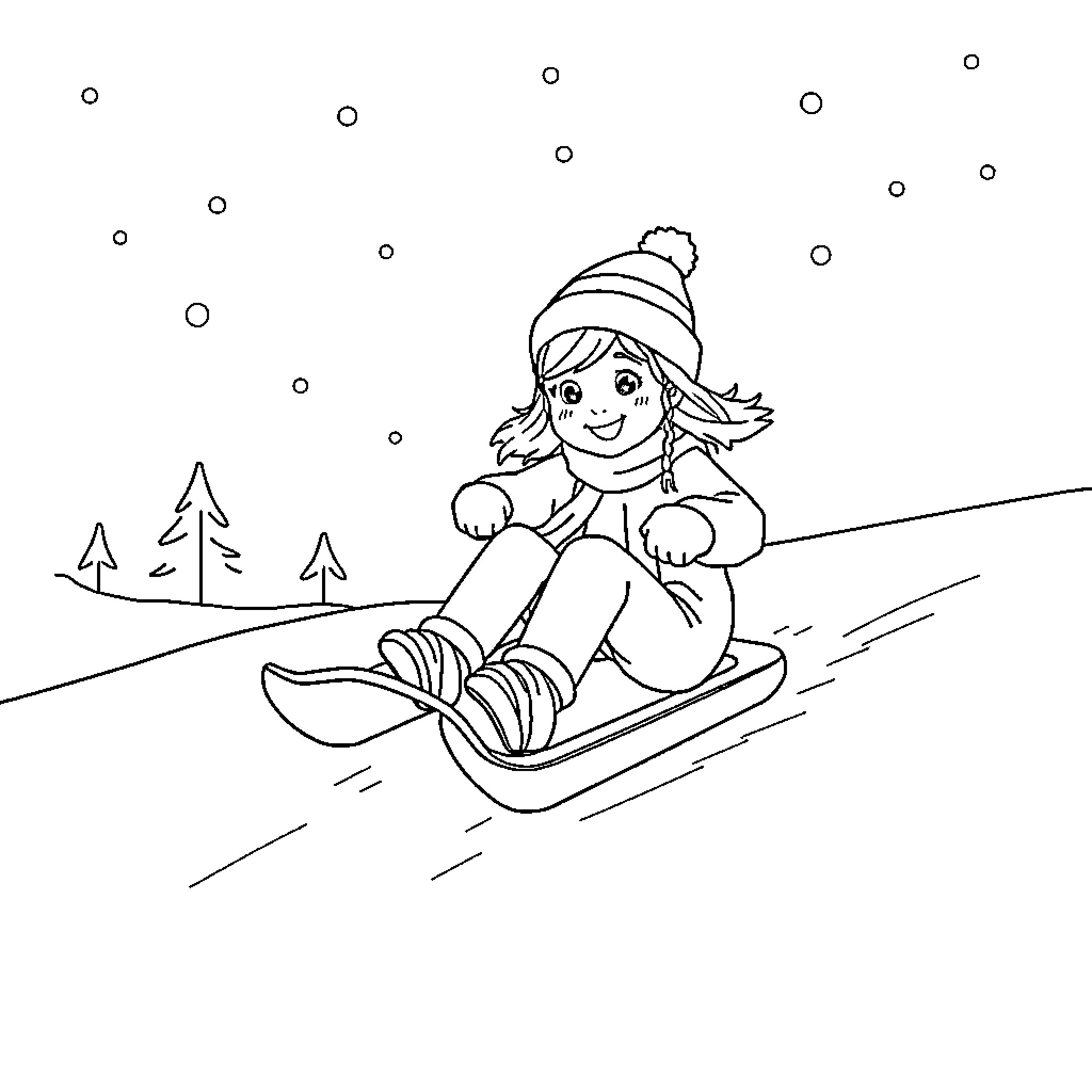 Sledding down the snowy hill with joy Coloring Page (free black-and-white line drawing printable PDF for all, from beginners to advanced learners, including children, teens, adults, and seniors)