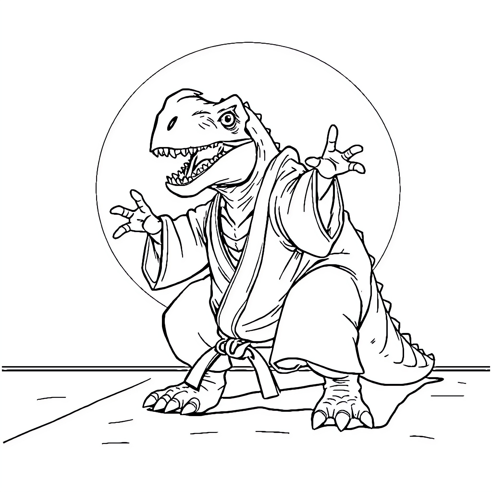 Dinosaur in Martial Arts Pose Coloring Page (free black-and-white line drawing printable PDF for all, from beginners to advanced learners, including children, teens, adults, and seniors)