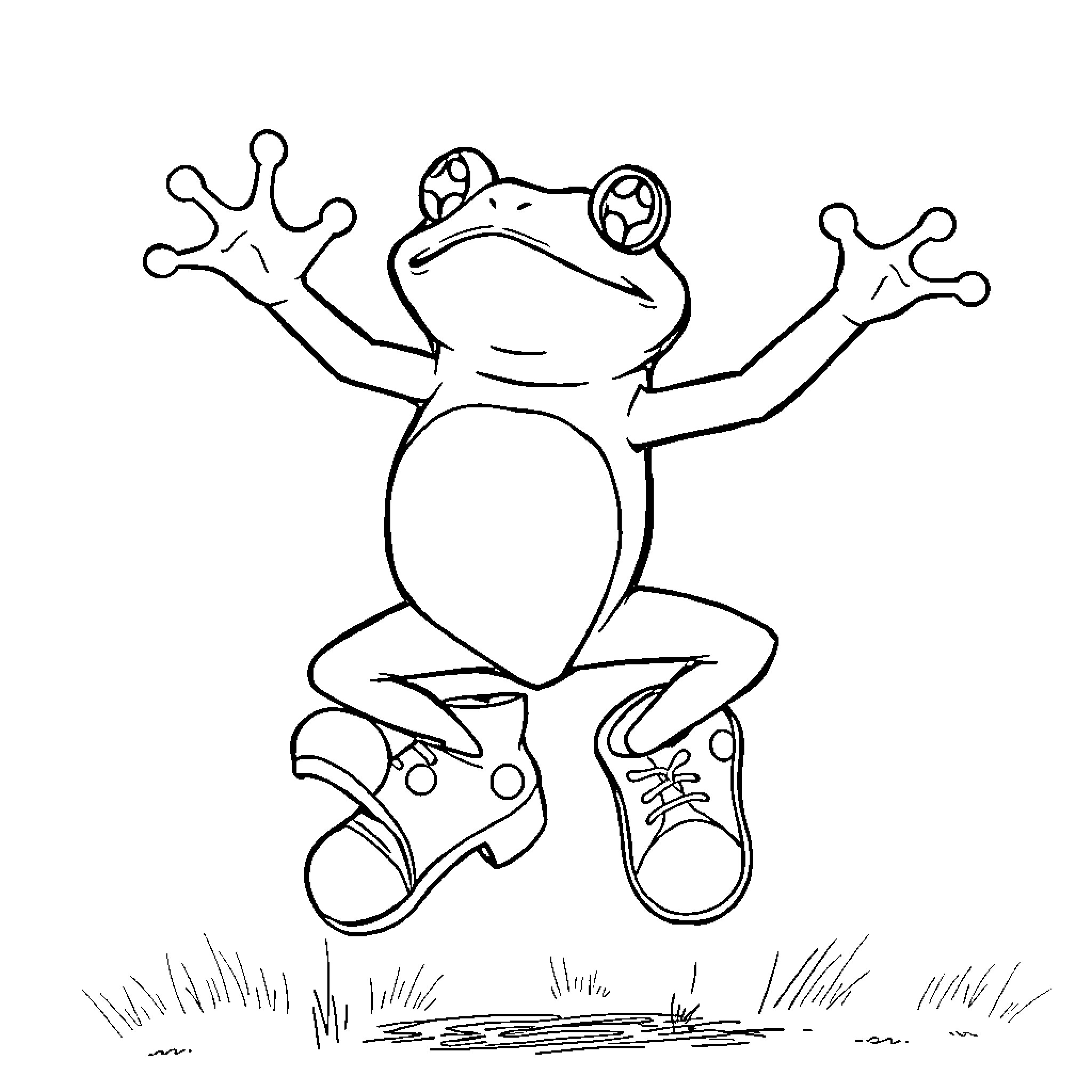Frog jumping joyfully in sneakers Coloring Page (free black-and-white line drawing printable PDF for all, from beginners to advanced learners, including children, teens, adults, and seniors)