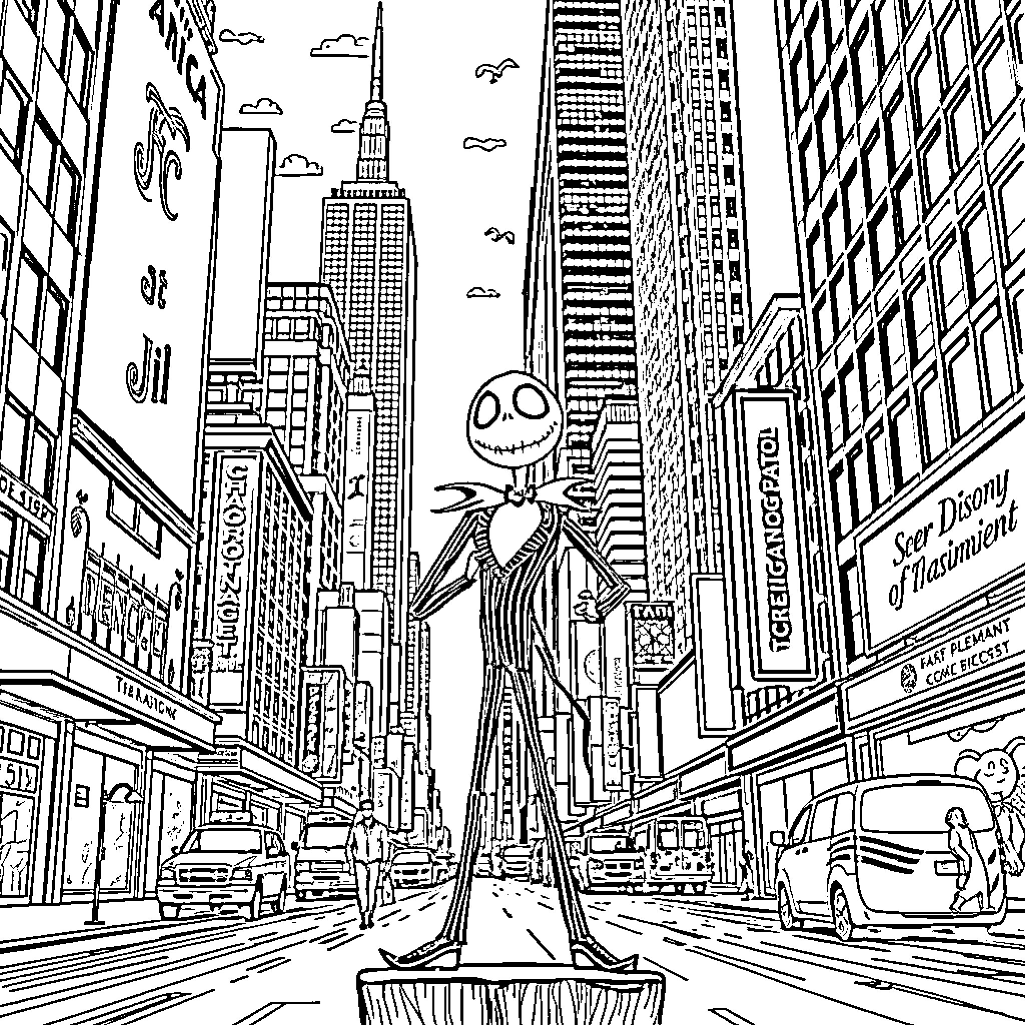Jack Skellington strolling through the bustling city Coloring Page (free black-and-white line drawing printable PDF for all, from beginners to advanced learners, including children, teens, adults, and seniors)