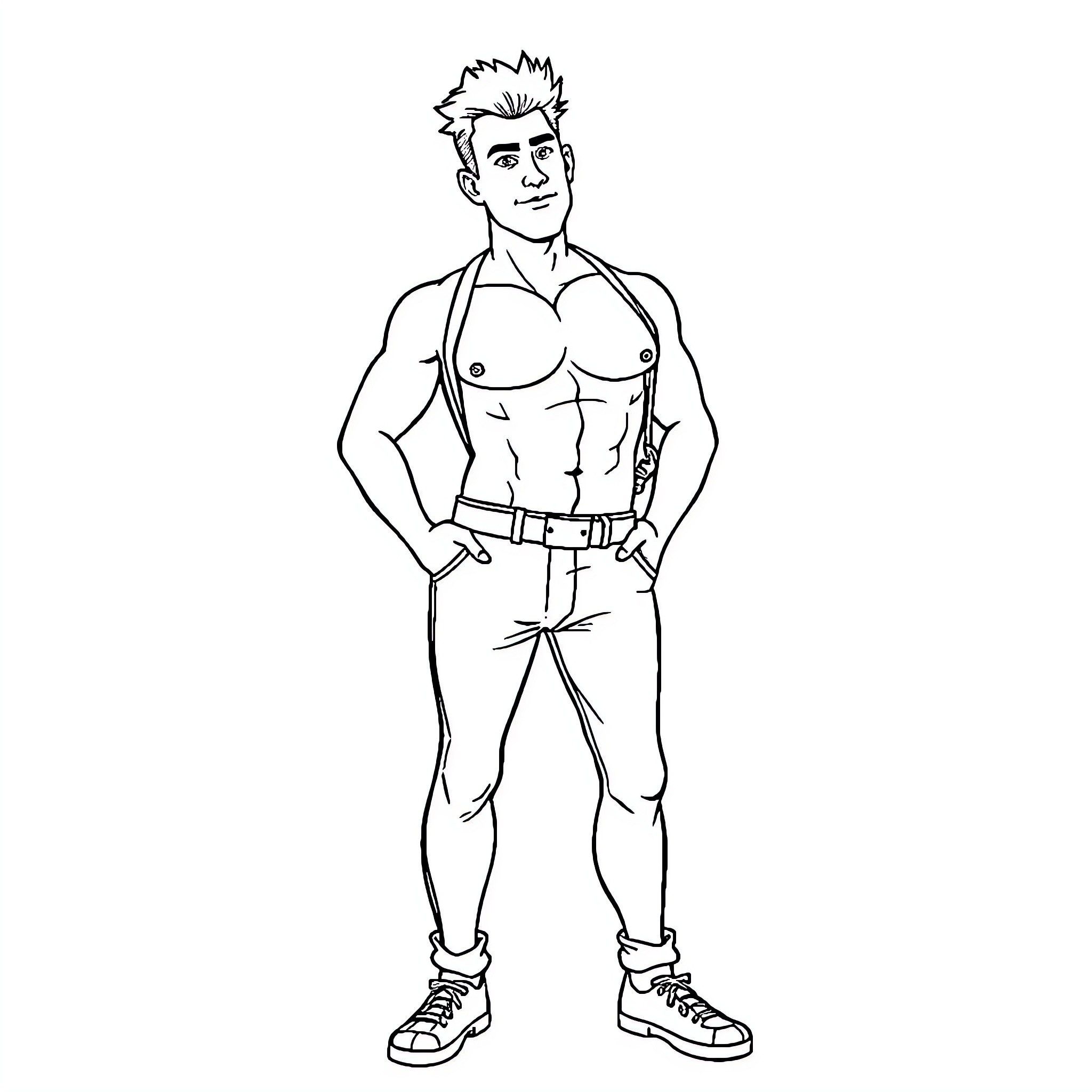 Man with muscular build in casual outfit Coloring Page (free black-and-white line drawing printable PDF for all, from beginners to advanced learners, including children, teens, adults, and seniors)