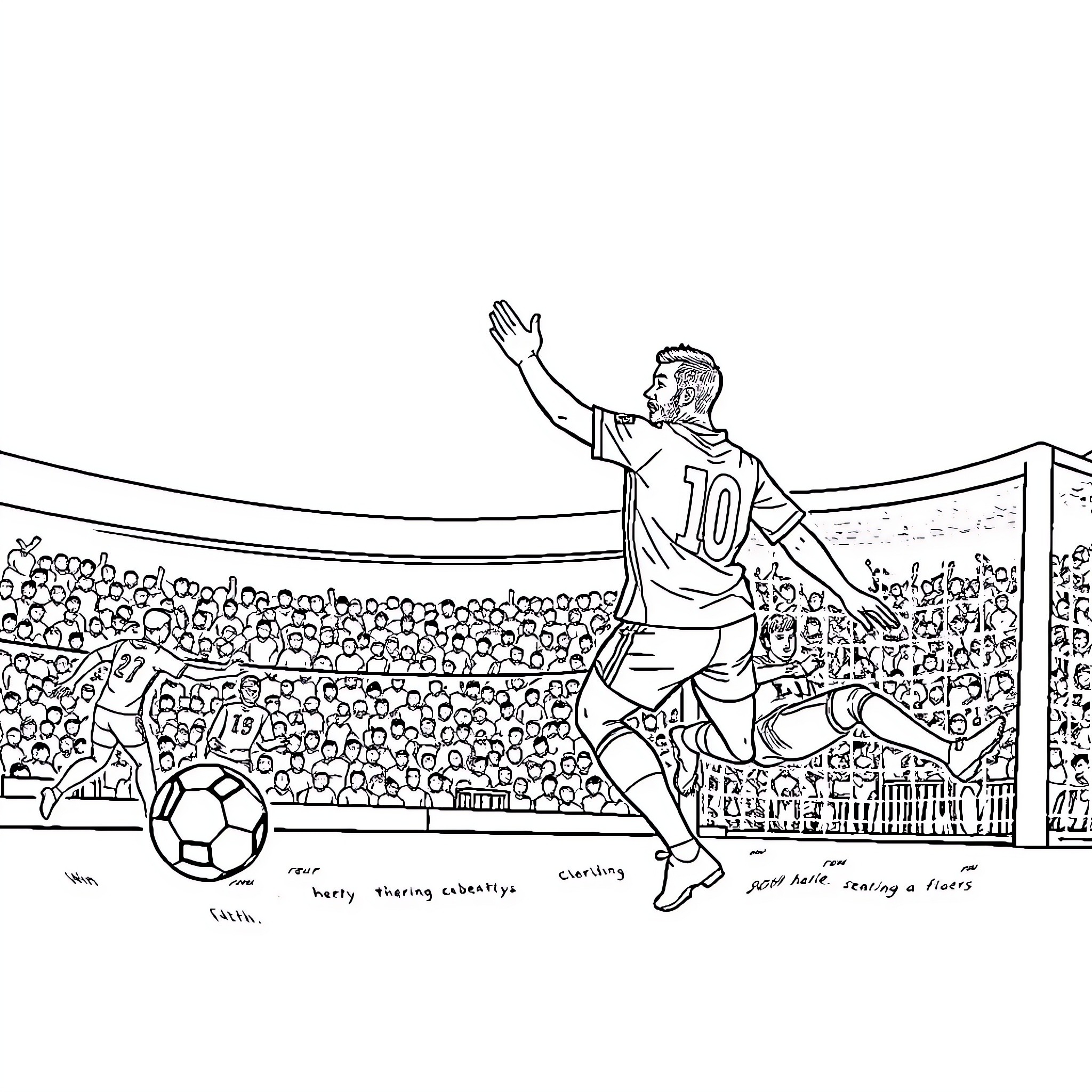 Goal Celebration in a Stadium Coloring Page (free black-and-white line drawing printable PDF for all, from beginners to advanced learners, including children, teens, adults, and seniors)