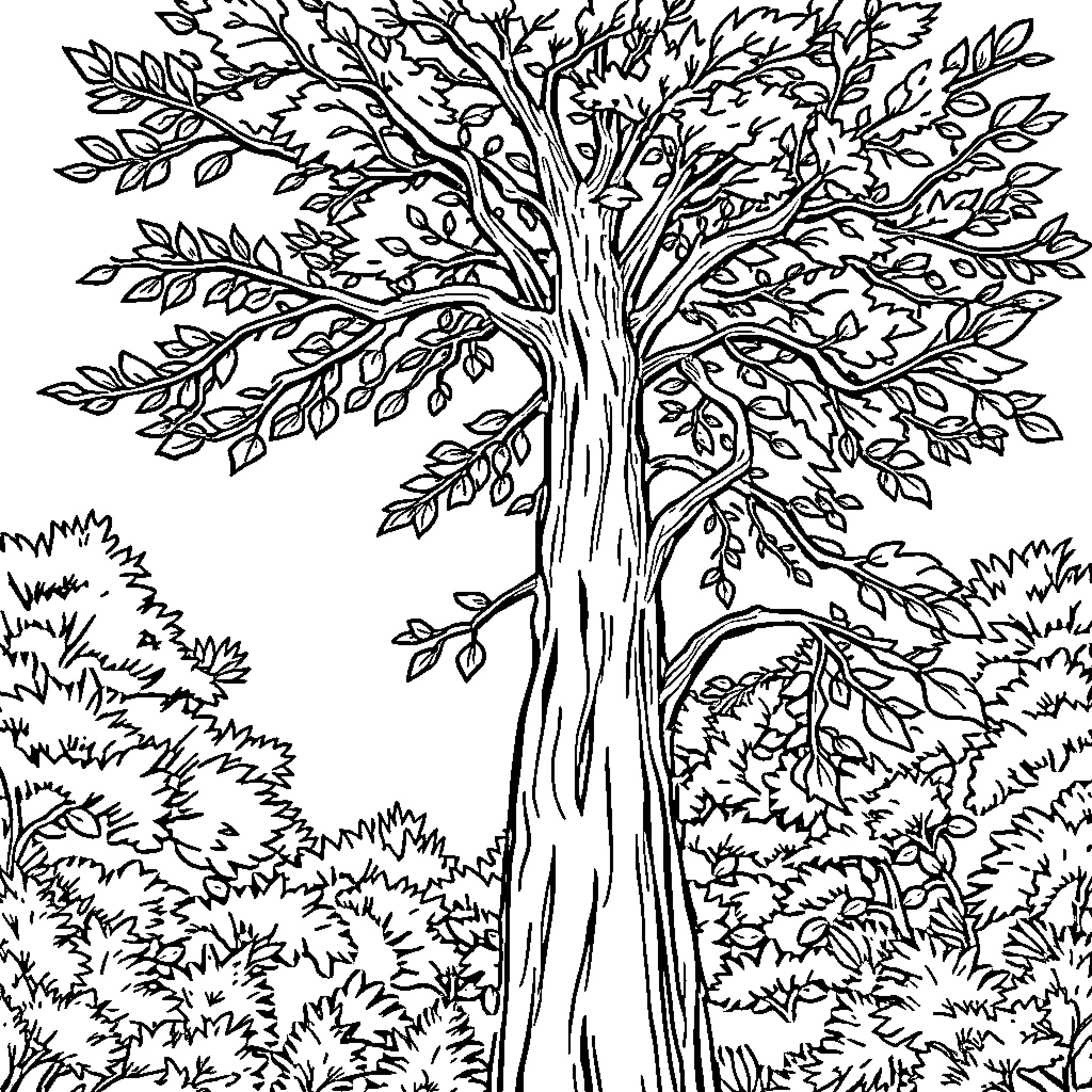 Tree in Vibrant Natural Landscape Coloring Page (free black-and-white line drawing printable PDF for all, from beginners to advanced learners, including children, teens, adults, and seniors)
