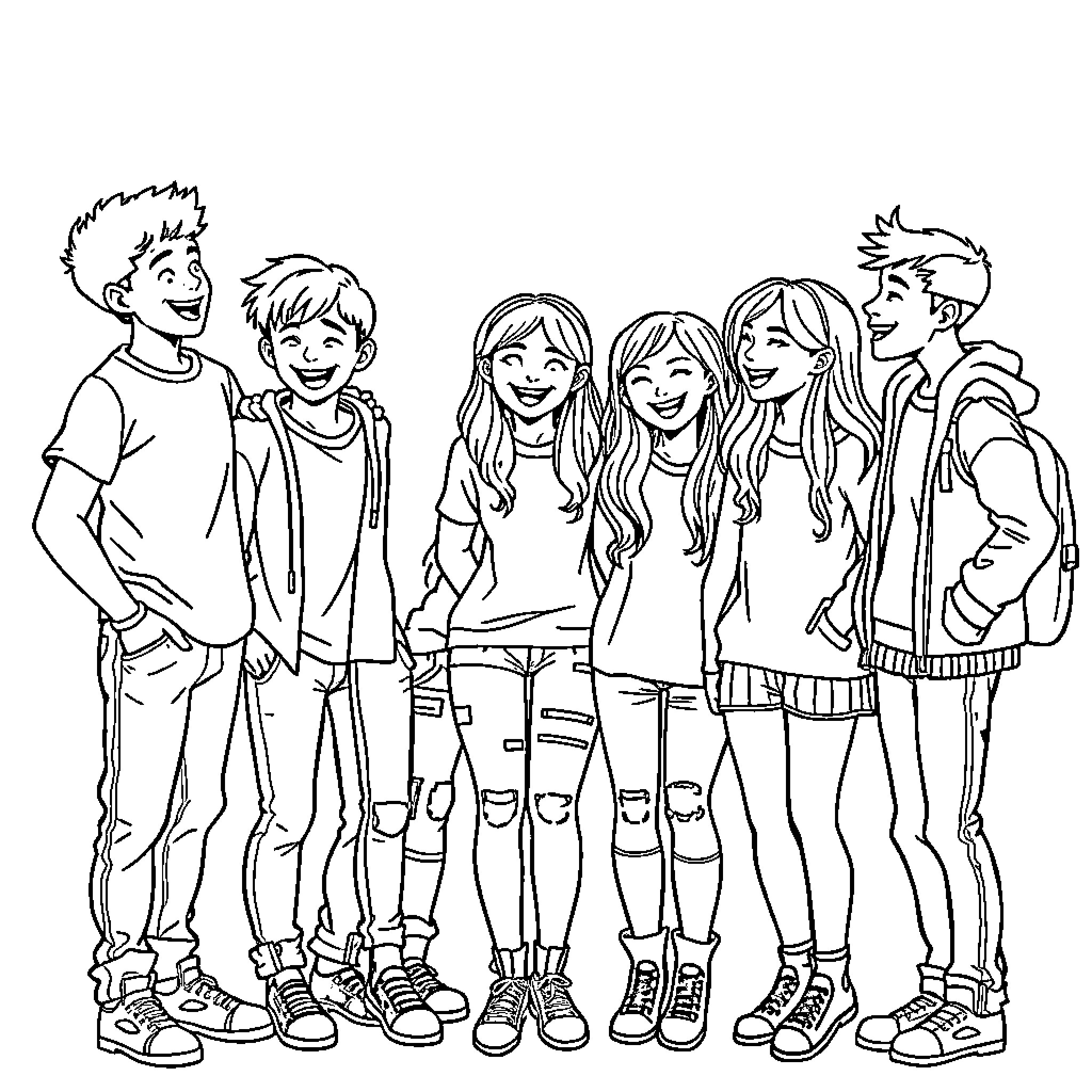 Teenagers enjoying time together with friends Coloring Page (free black-and-white line drawing printable PDF for all, from beginners to advanced learners, including children, teens, adults, and seniors)