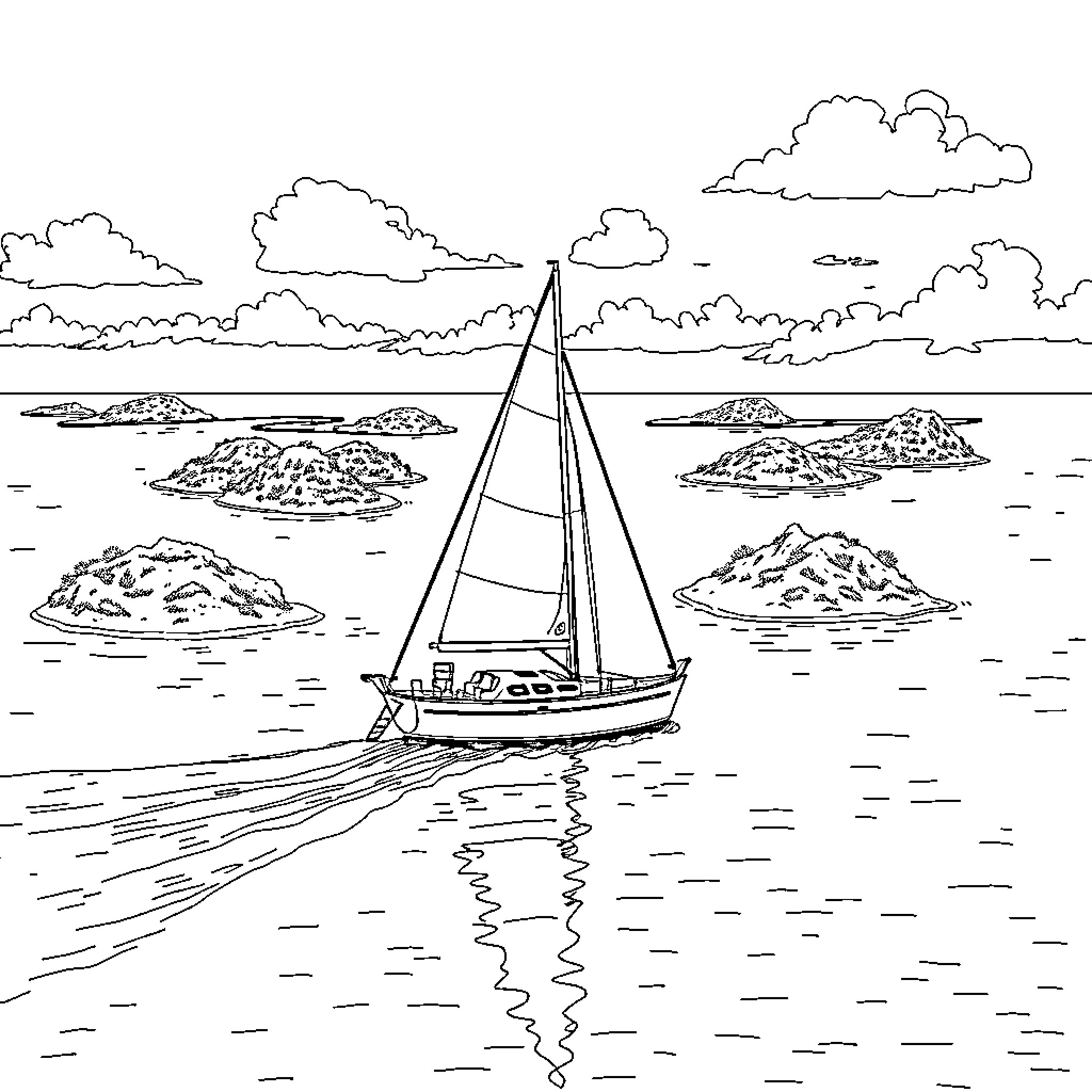 Sail Boat cruising through tranquil waters Coloring Page (free black-and-white line drawing printable PDF for all, from beginners to advanced learners, including children, teens, adults, and seniors)