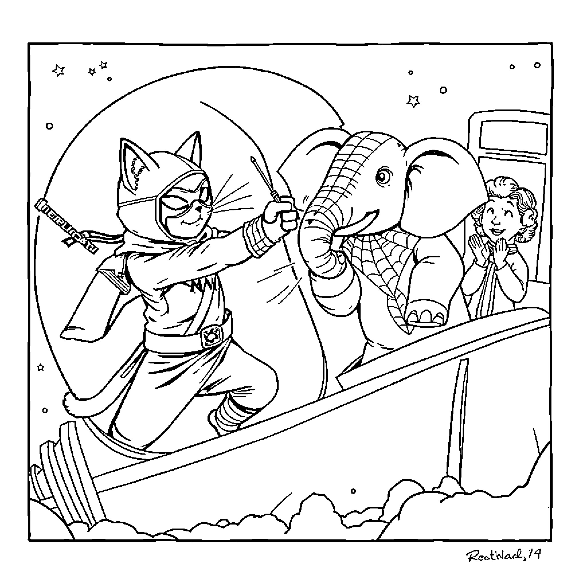 Ninja Cat's Space Adventure with Elephant Companion Coloring Page (free black-and-white line drawing printable PDF for all, from beginners to advanced learners, including children, teens, adults, and seniors)