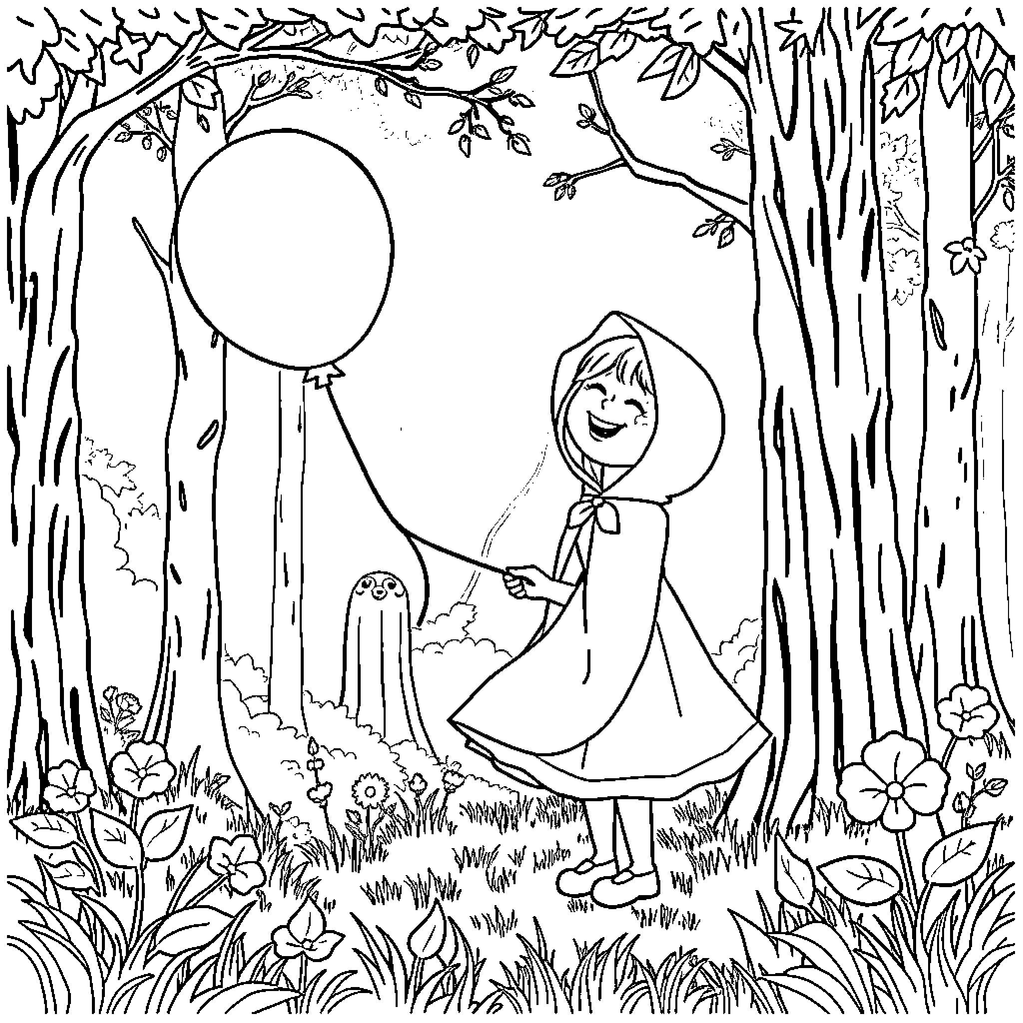 Red Riding Hood exploring the magical forest Coloring Page (free black-and-white line drawing printable PDF for all, from beginners to advanced learners, including children, teens, adults, and seniors)