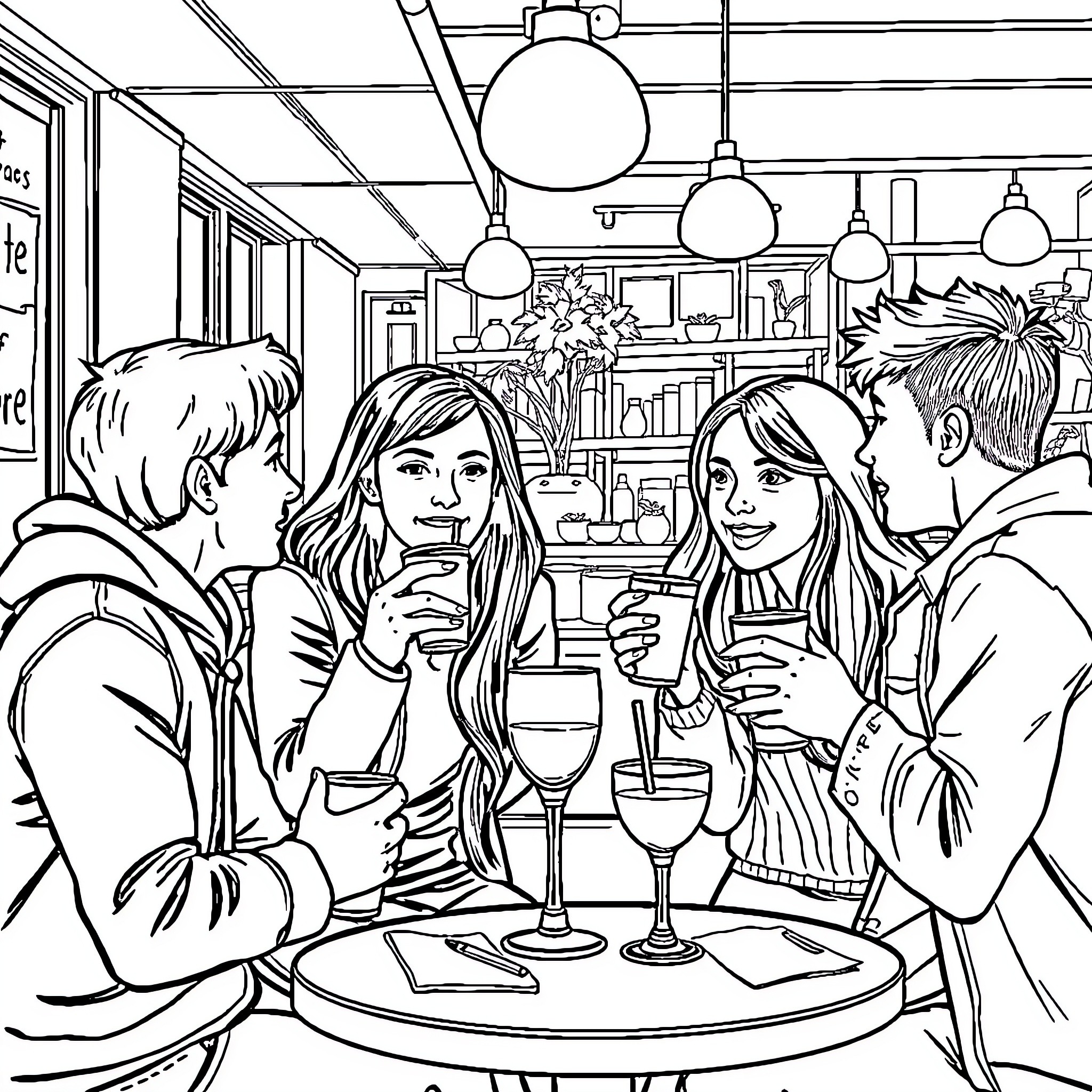 Drink with friends in cozy cafe setting Coloring Page (free black-and-white line drawing printable PDF for all, from beginners to advanced learners, including children, teens, adults, and seniors)