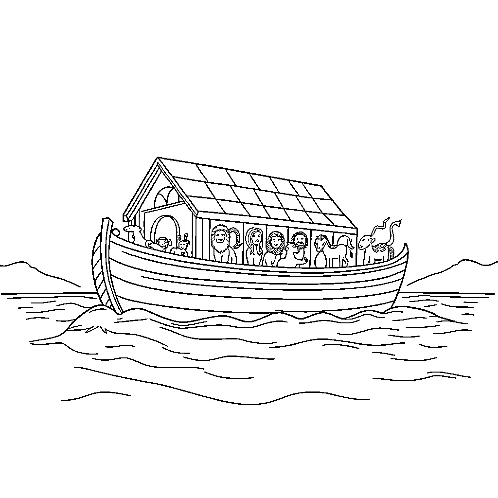 Noah's Ark Voyage with Pairs of Animals Coloring Page (free black-and-white line drawing printable PDF for all, from beginners to advanced learners, including children, teens, adults, and seniors)