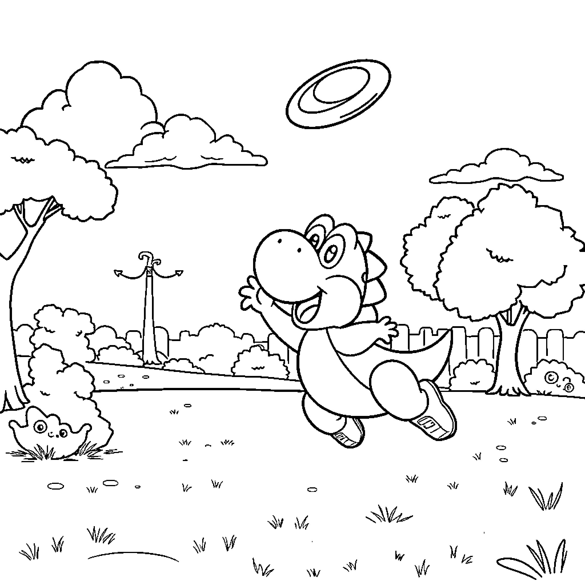 Yoshi enjoying a playful outdoor adventure Coloring Page (free black-and-white line drawing printable PDF for all, from beginners to advanced learners, including children, teens, adults, and seniors)