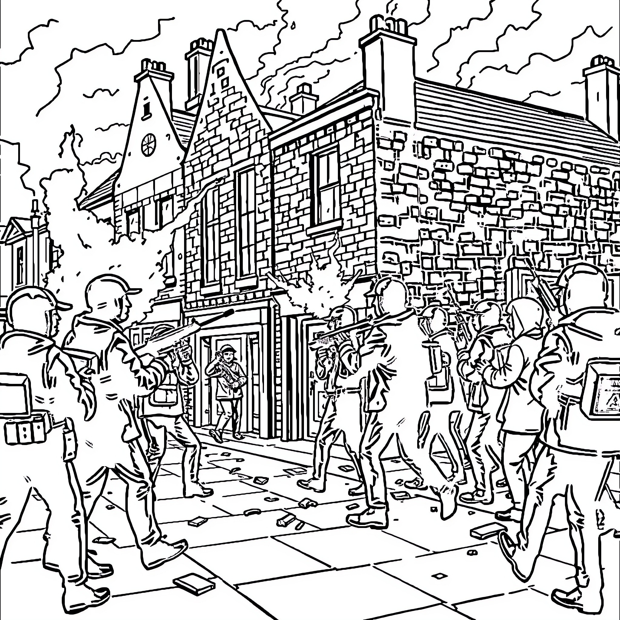 Ira's Chaotic Street Scene with Bustling People Coloring Page (free black-and-white line drawing printable PDF for all, from beginners to advanced learners, including children, teens, adults, and seniors)