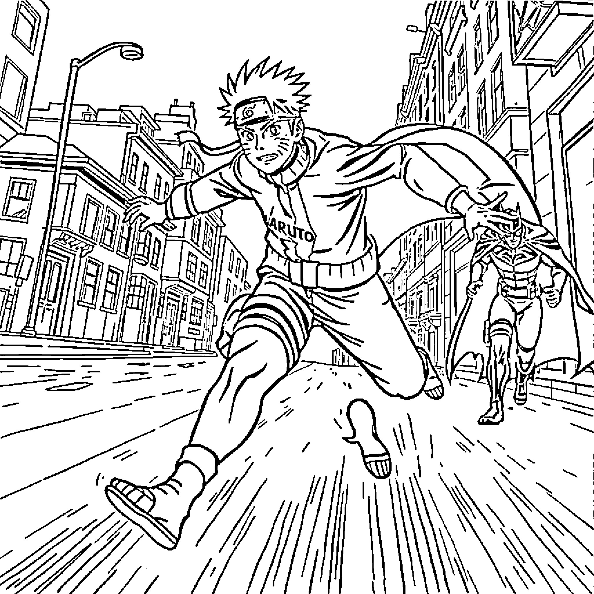 Naruto Sprinting Through the City Streets Coloring Page (free black-and-white line drawing printable PDF for all, from beginners to advanced learners, including children, teens, adults, and seniors)