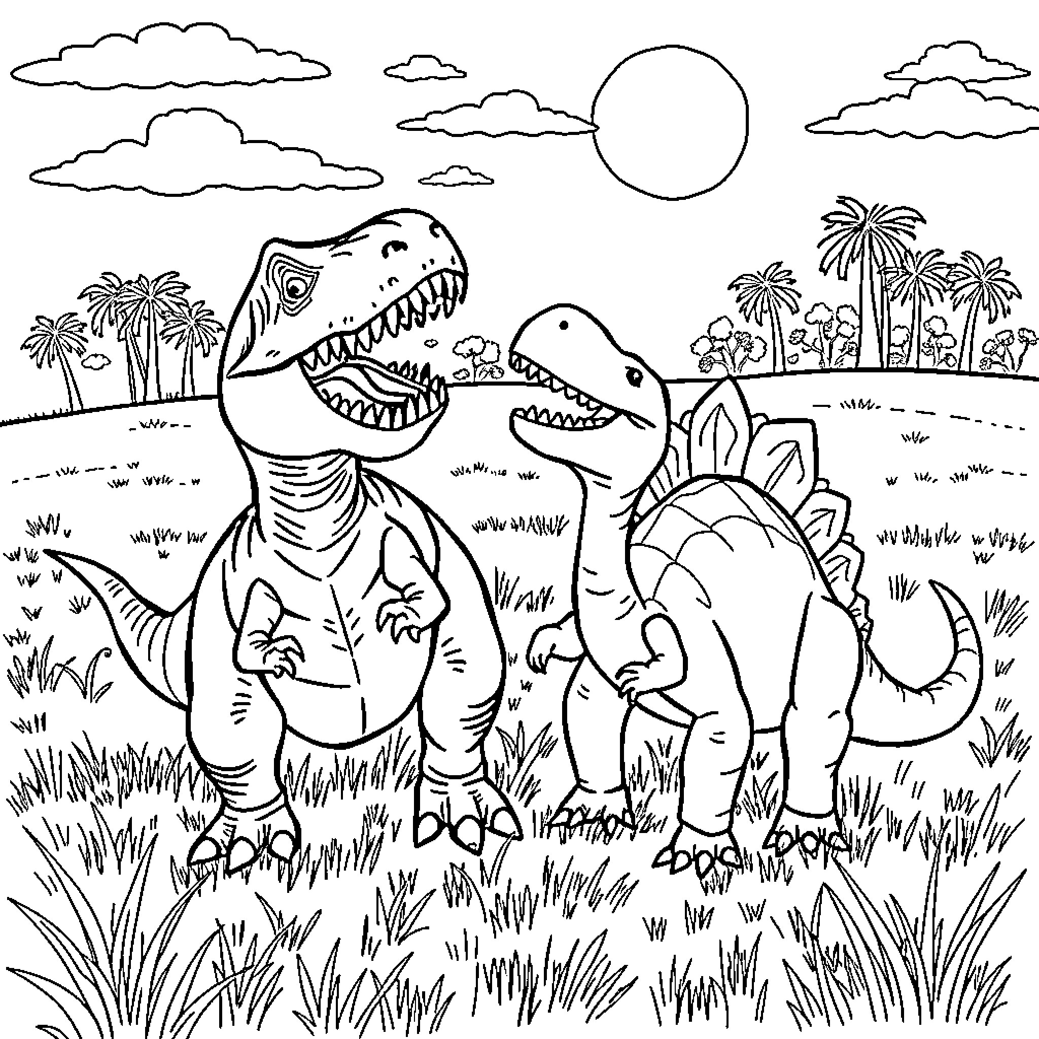 Dinosaurs roaming in the tropical landscape Coloring Page (free black-and-white line drawing printable PDF for all, from beginners to advanced learners, including children, teens, adults, and seniors)